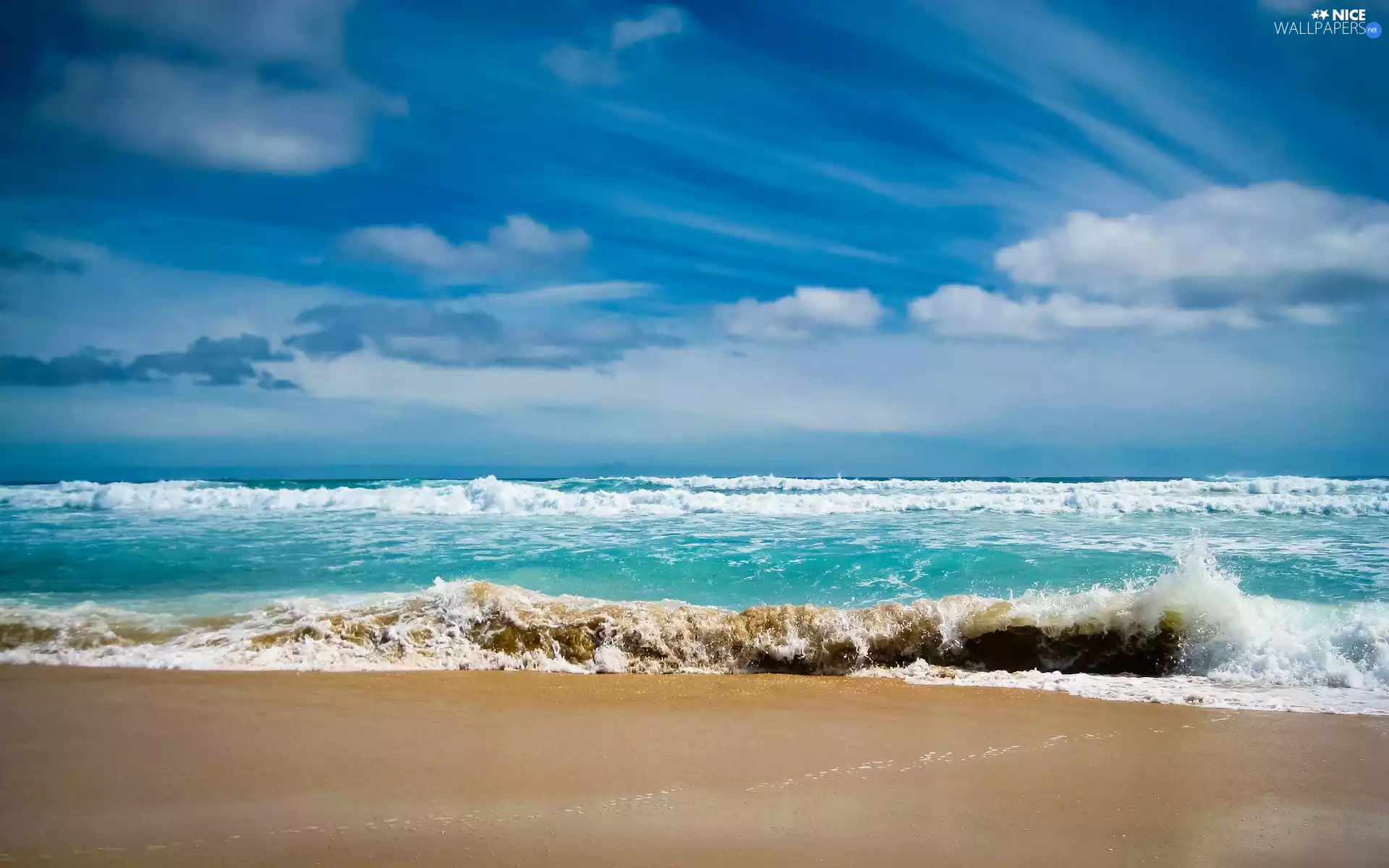 water, Sand, clouds, Waves