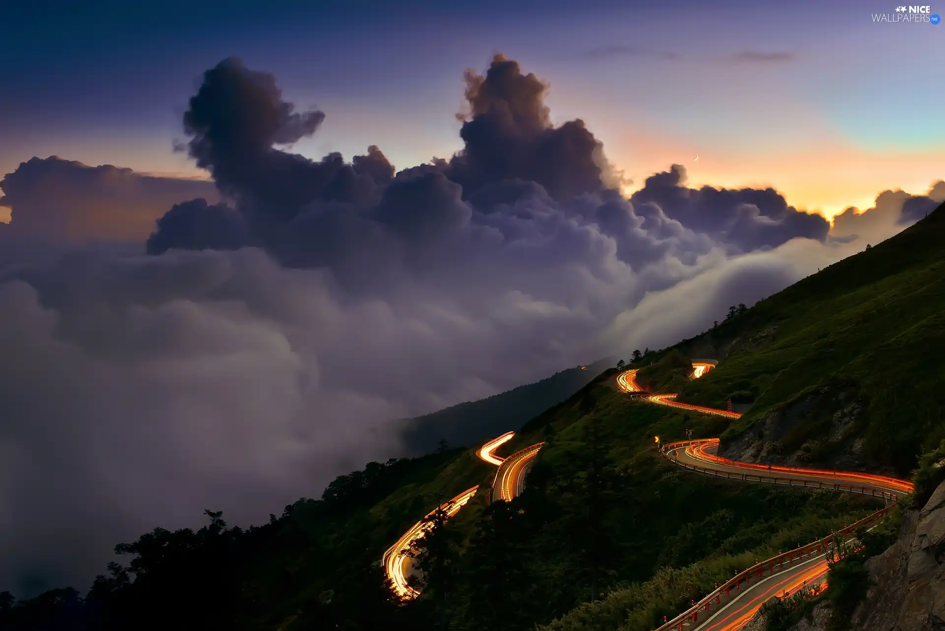 clouds, winding, Way, Mountains