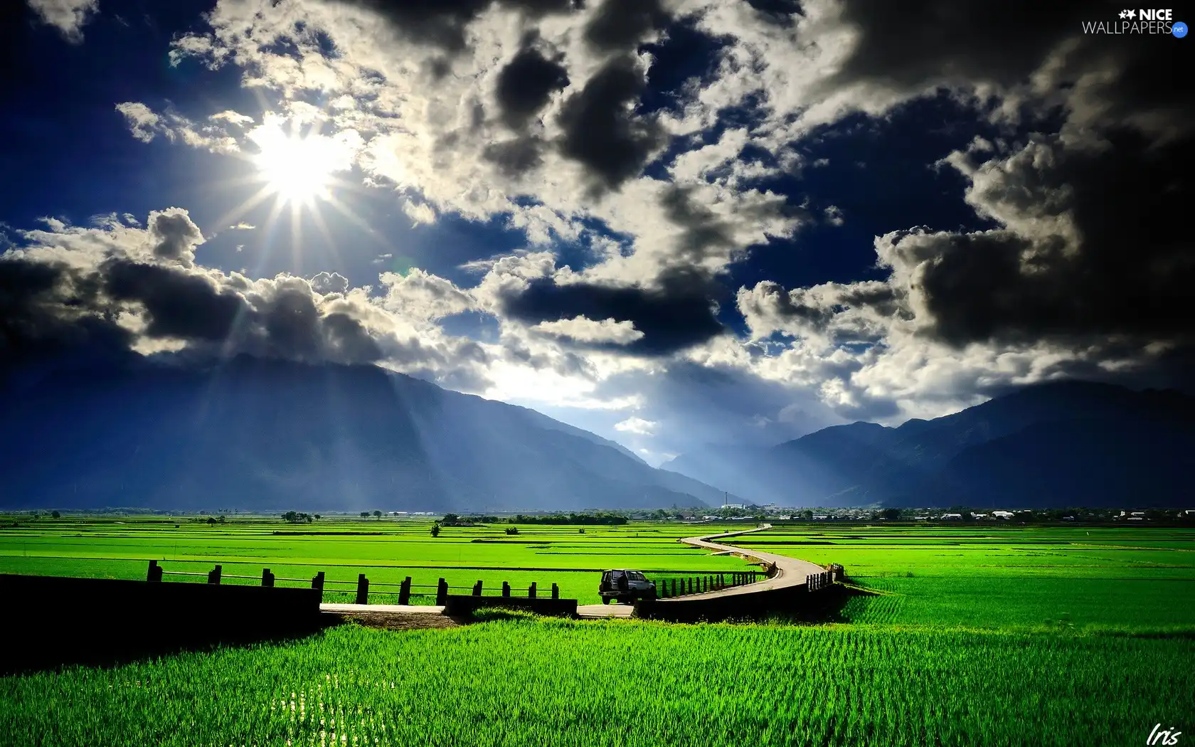 Way, field, rays, sun, clouds