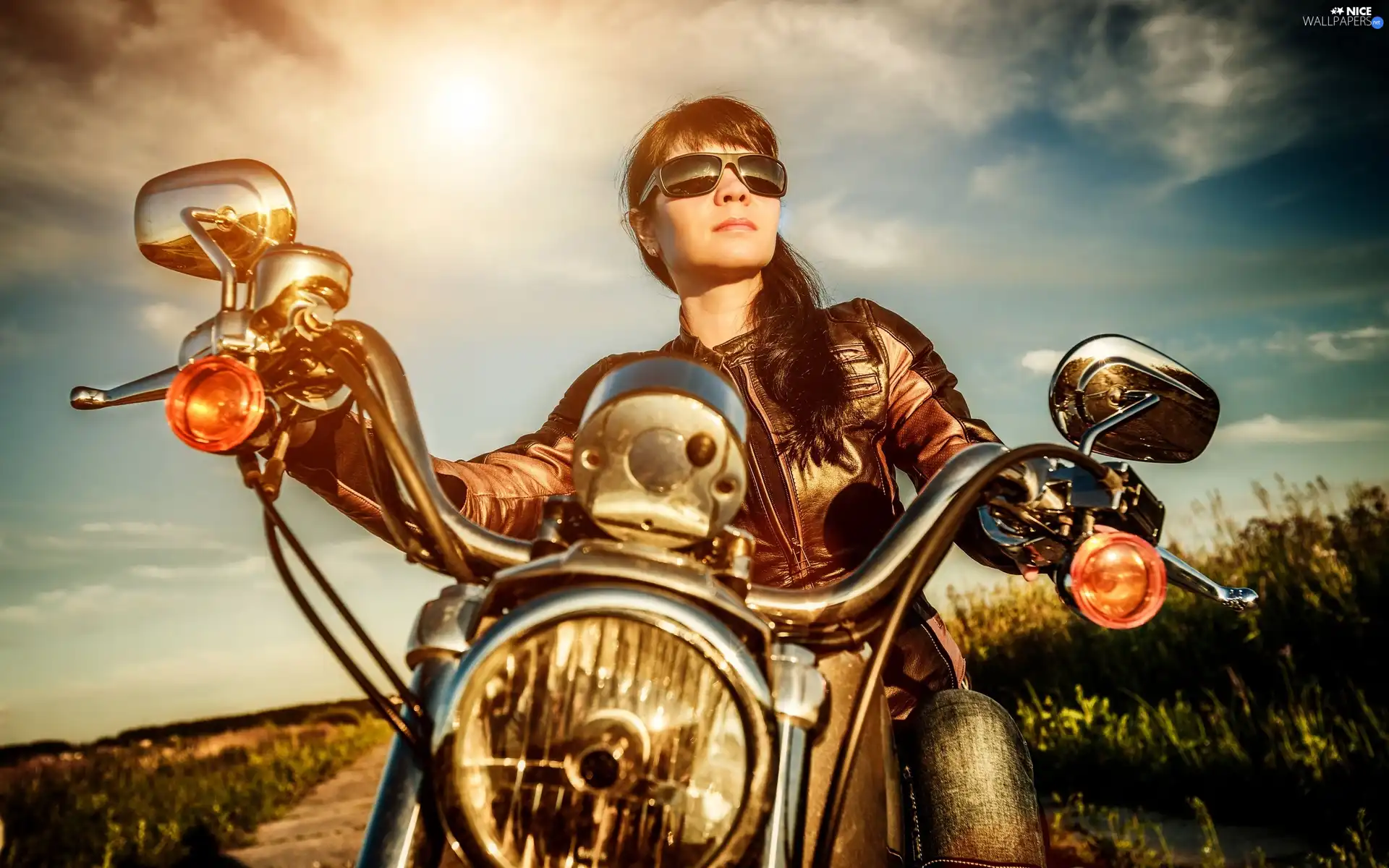 Way, field, motor-bike, Retro, girl