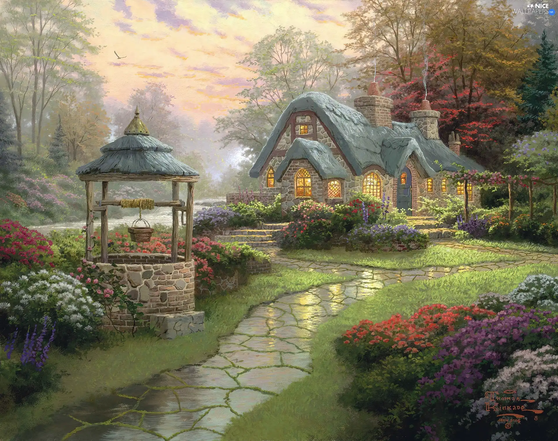 picture, Thomas Kinkade, manor-house, well, Garden