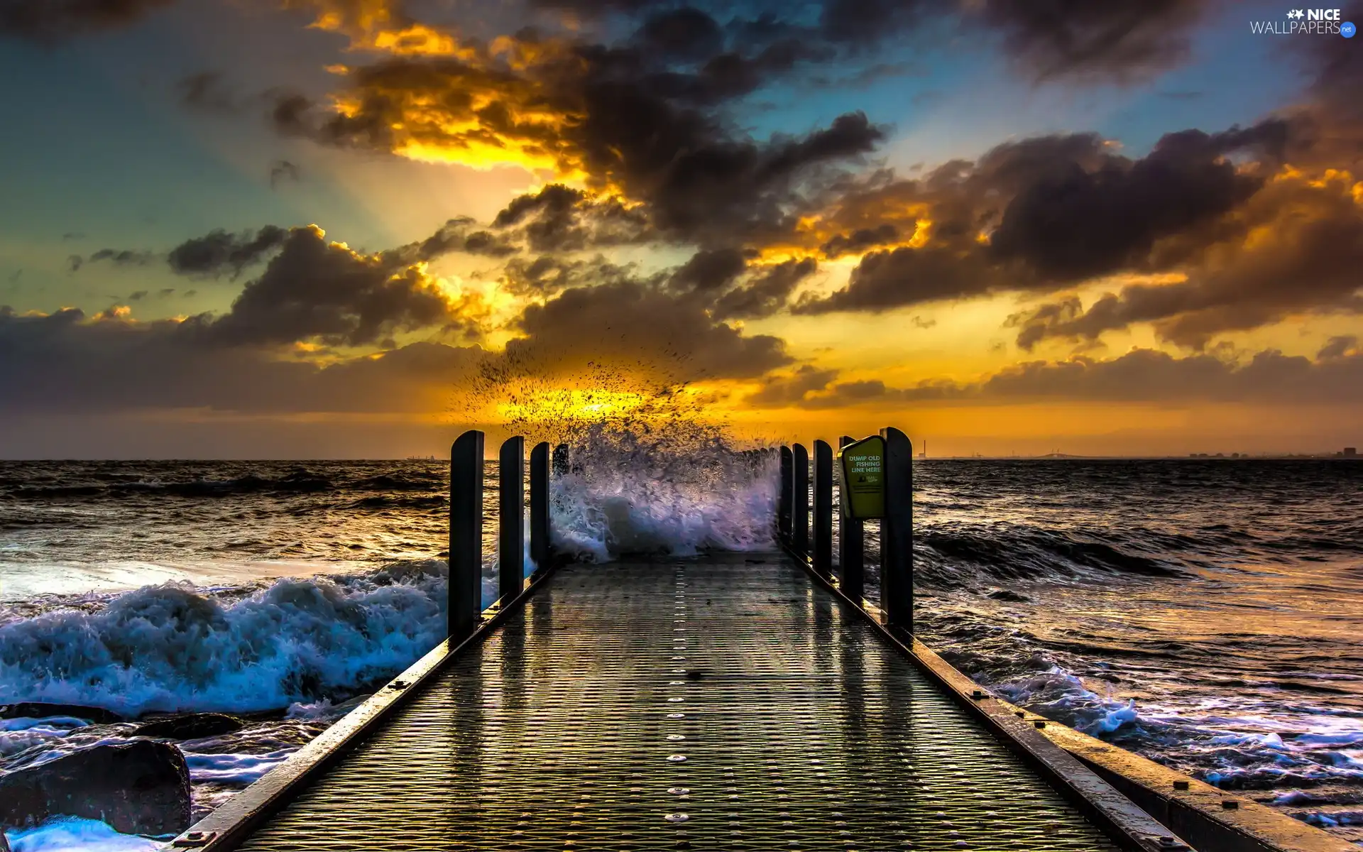 west, pier, Waves, clouds, sea