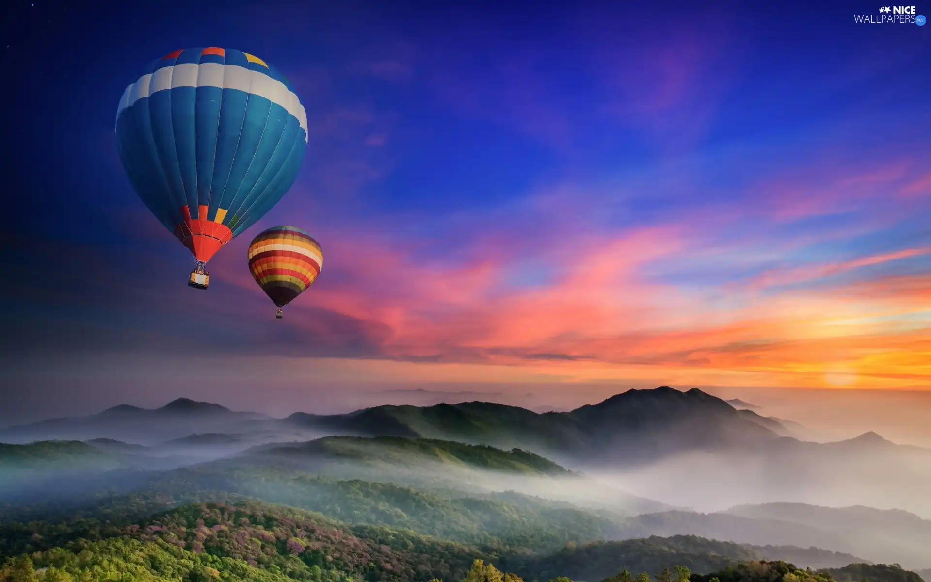 west, sun, Mountains, Sky, Balloons