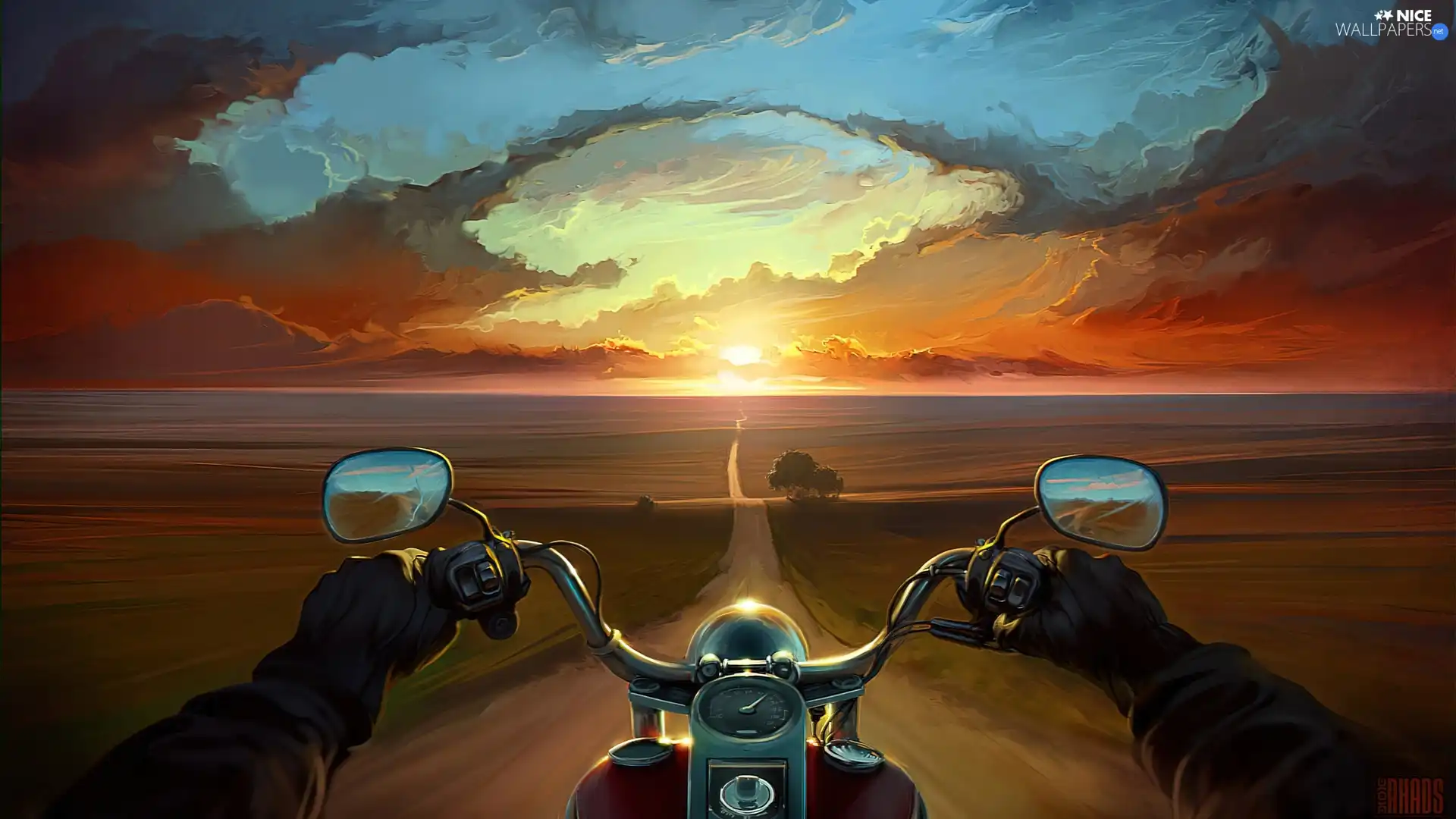 west, sun, Way, motor-bike, picture