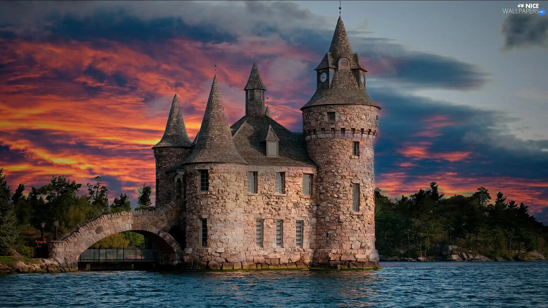 west, sun, lake, clouds, Castle