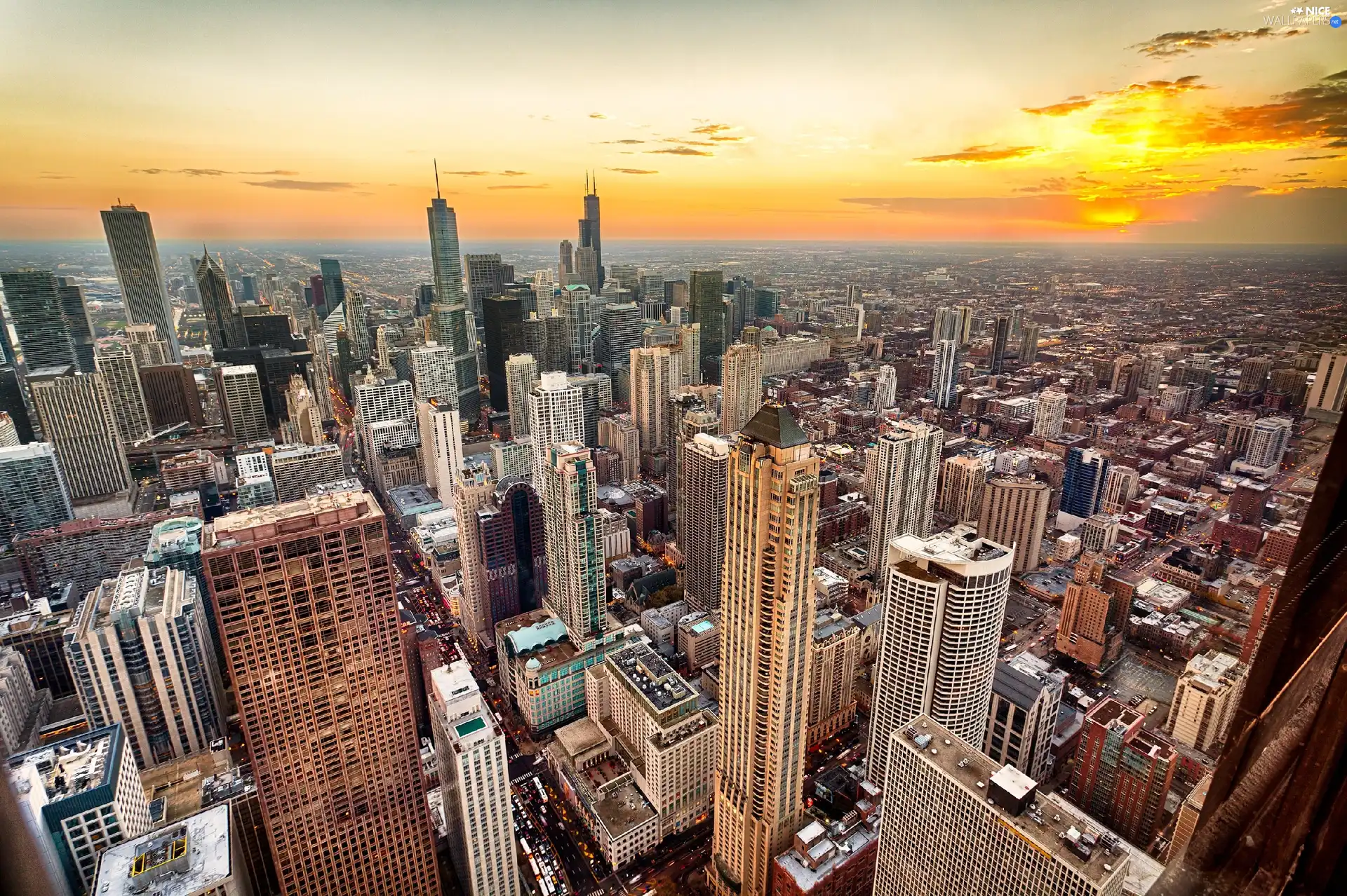 west, sun, panorama, town, Chicago