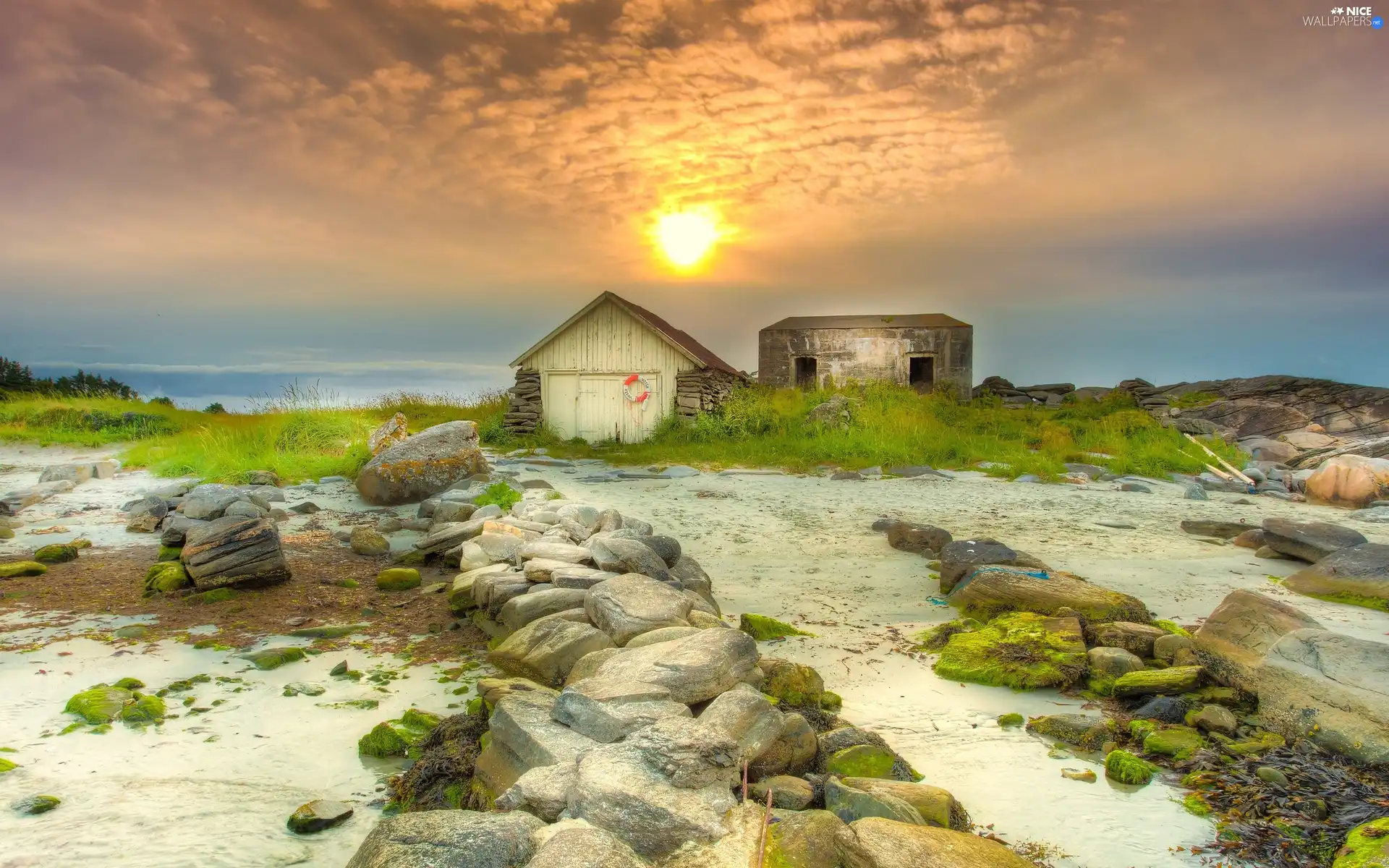 Stones, Coast, west, sun, clouds, Sheds