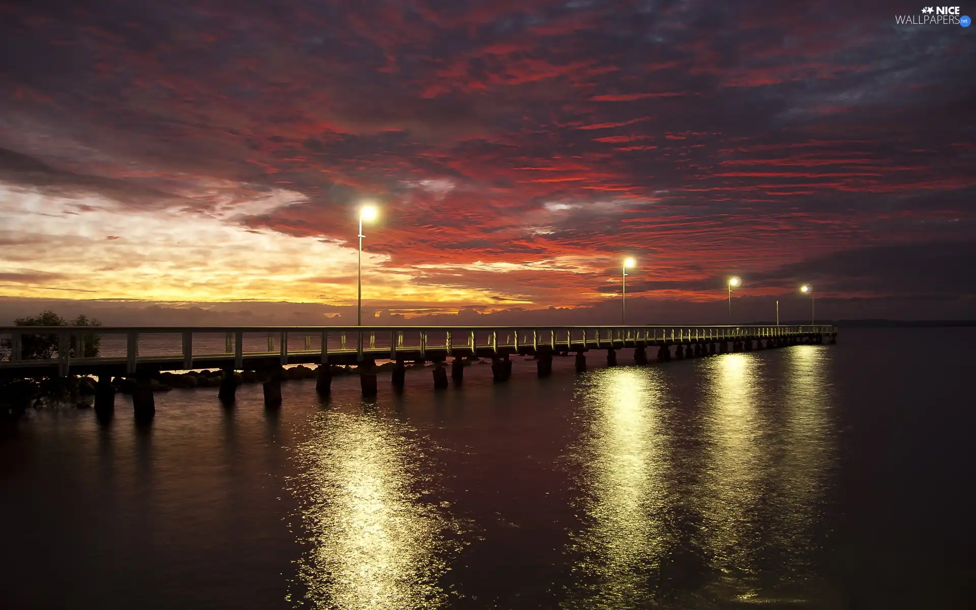 lanterns, lake, west, sun, clouds, Platform