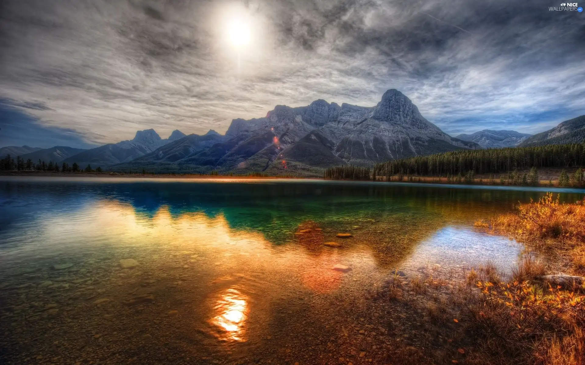 west, sun, Mountains, lake, clouds