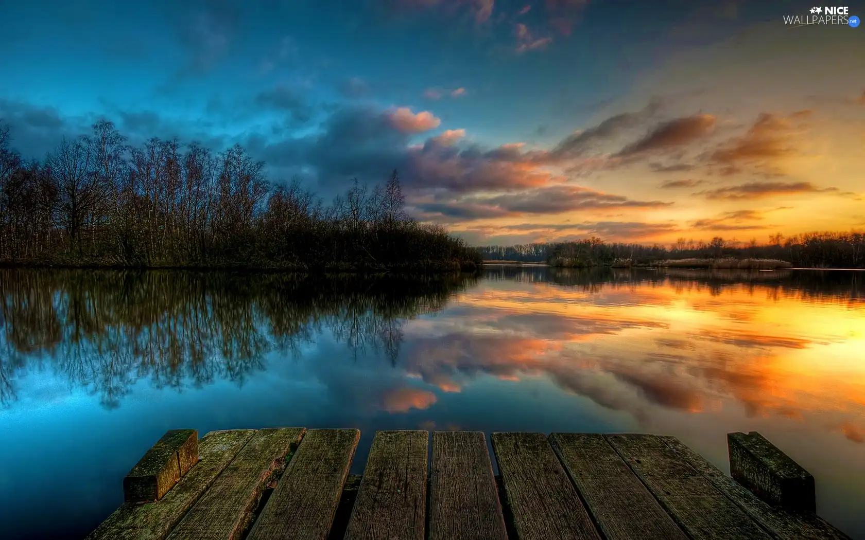 Platform, lake, west, sun, clouds, woods