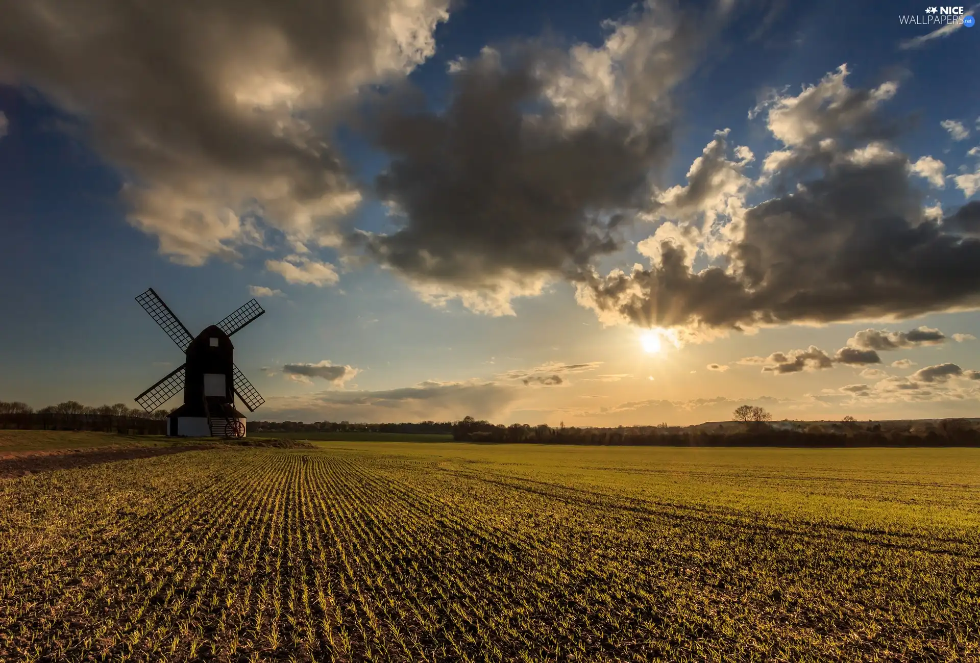 west, sun, Windmill, clouds, Field