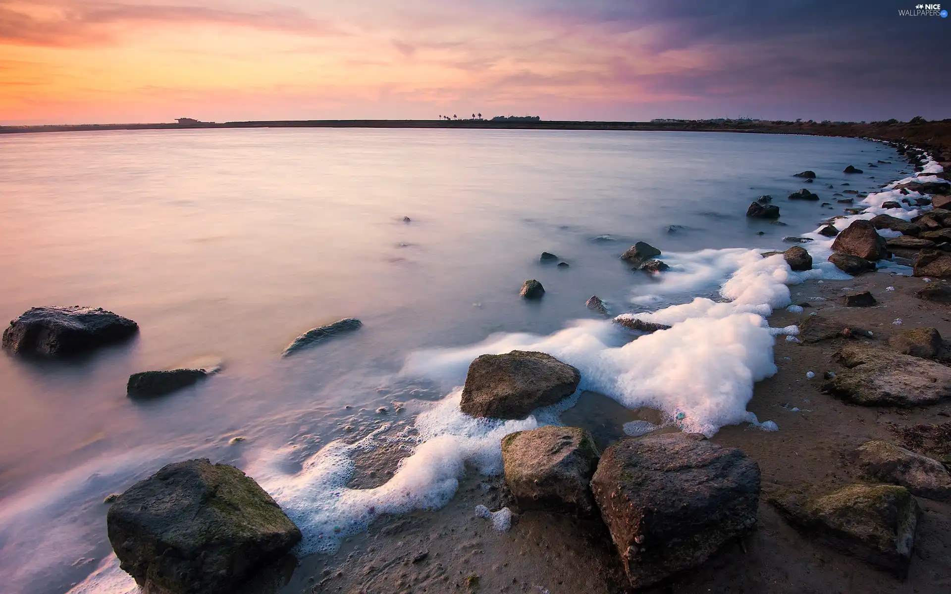 west, sun, water, Stones, foamed