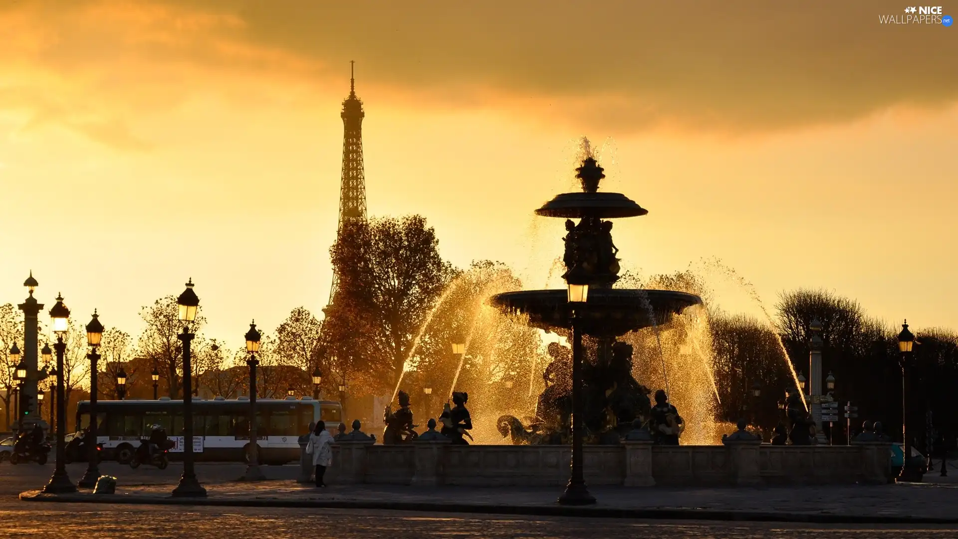 Eiffla, Paris, west, sun, fountain, tower