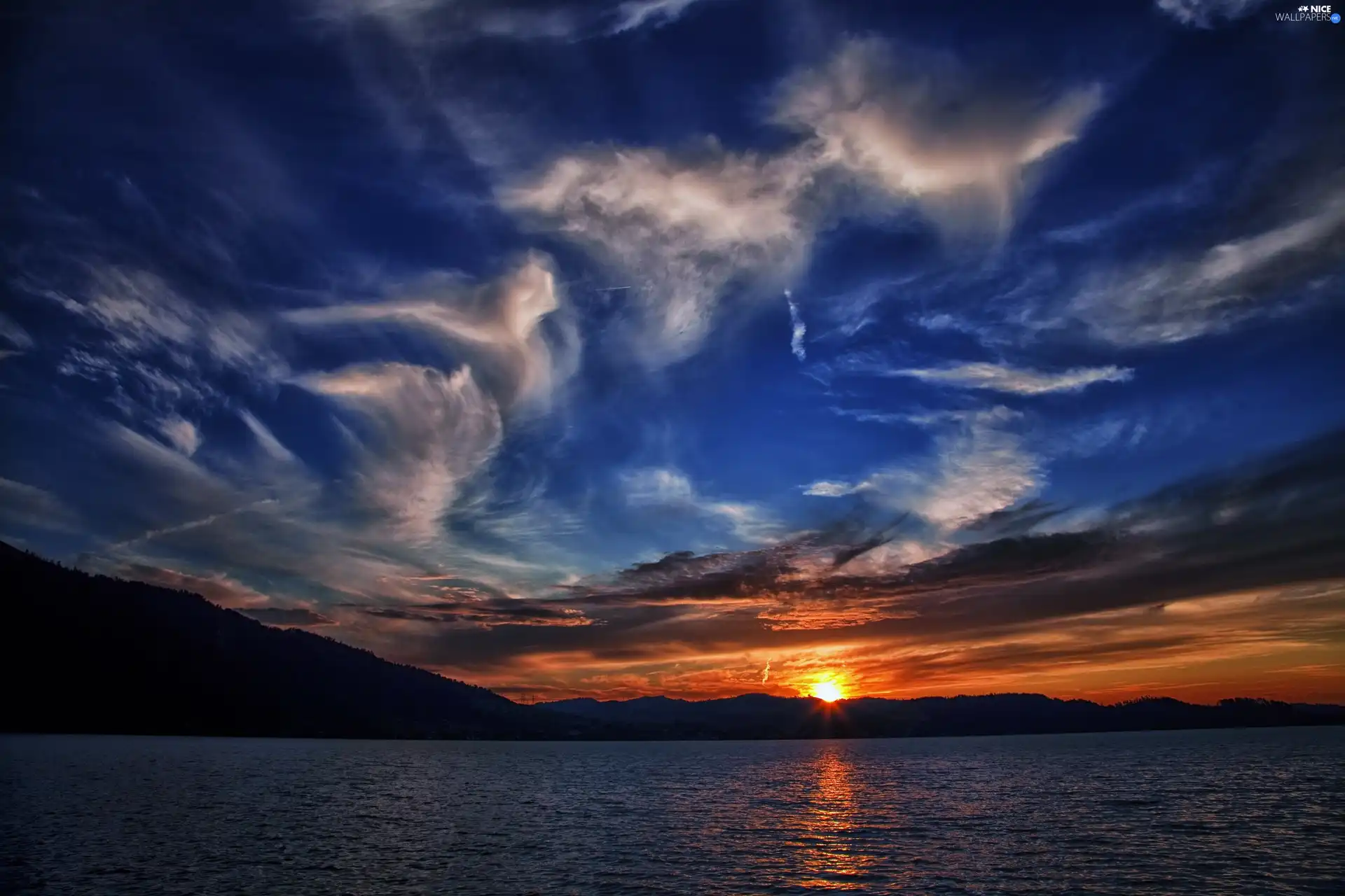 west, sun, Sky, clouds, lake