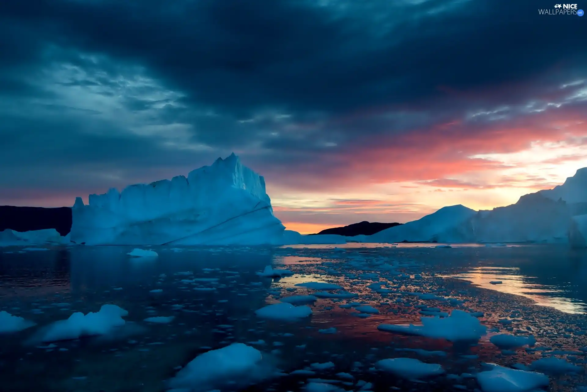 west, sun, ice, sea, Mountains