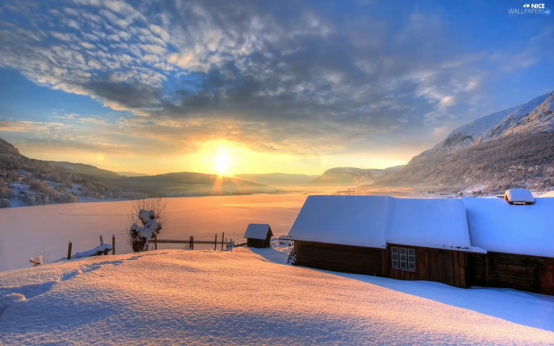 west, sun, Mountains, Houses, River