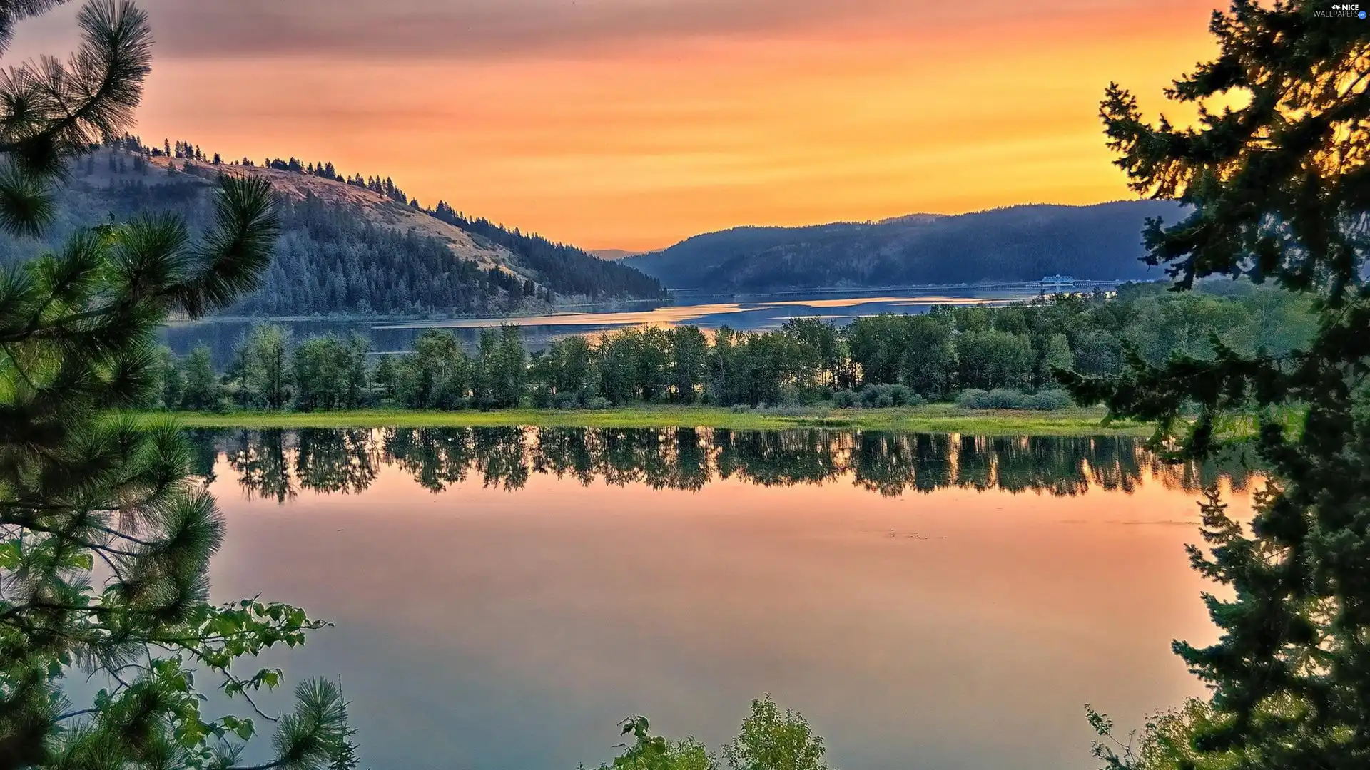 west, sun, Mountains, woods, River