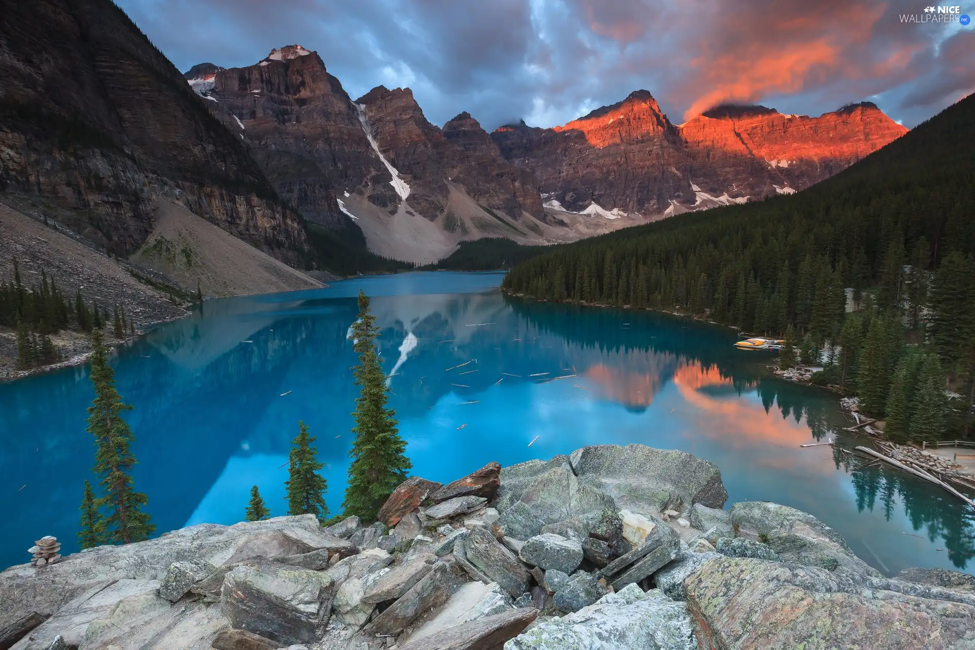 west, sun, lake, forest, rocks