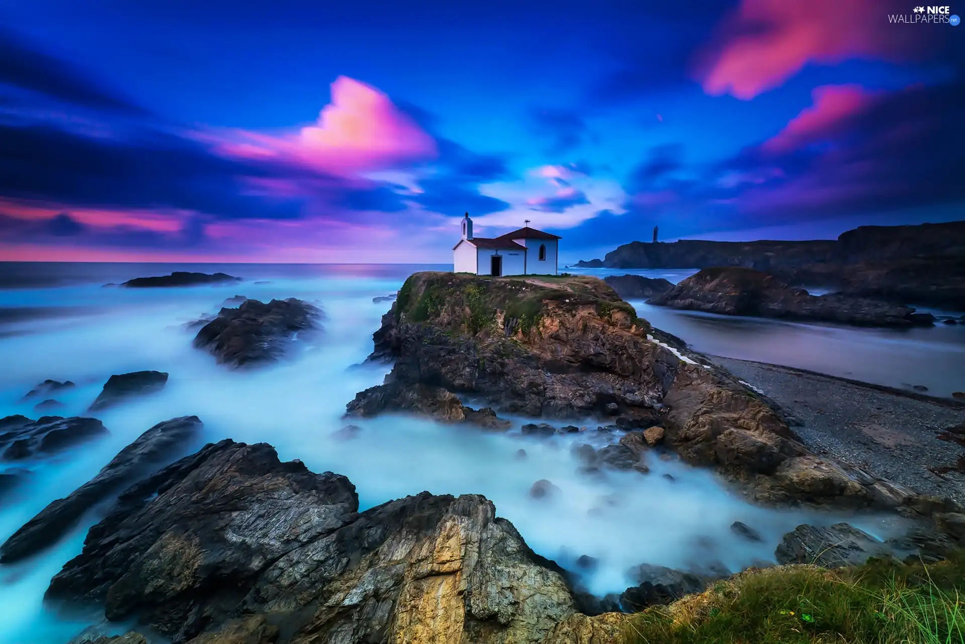 west, sun, rocks, chapel, sea