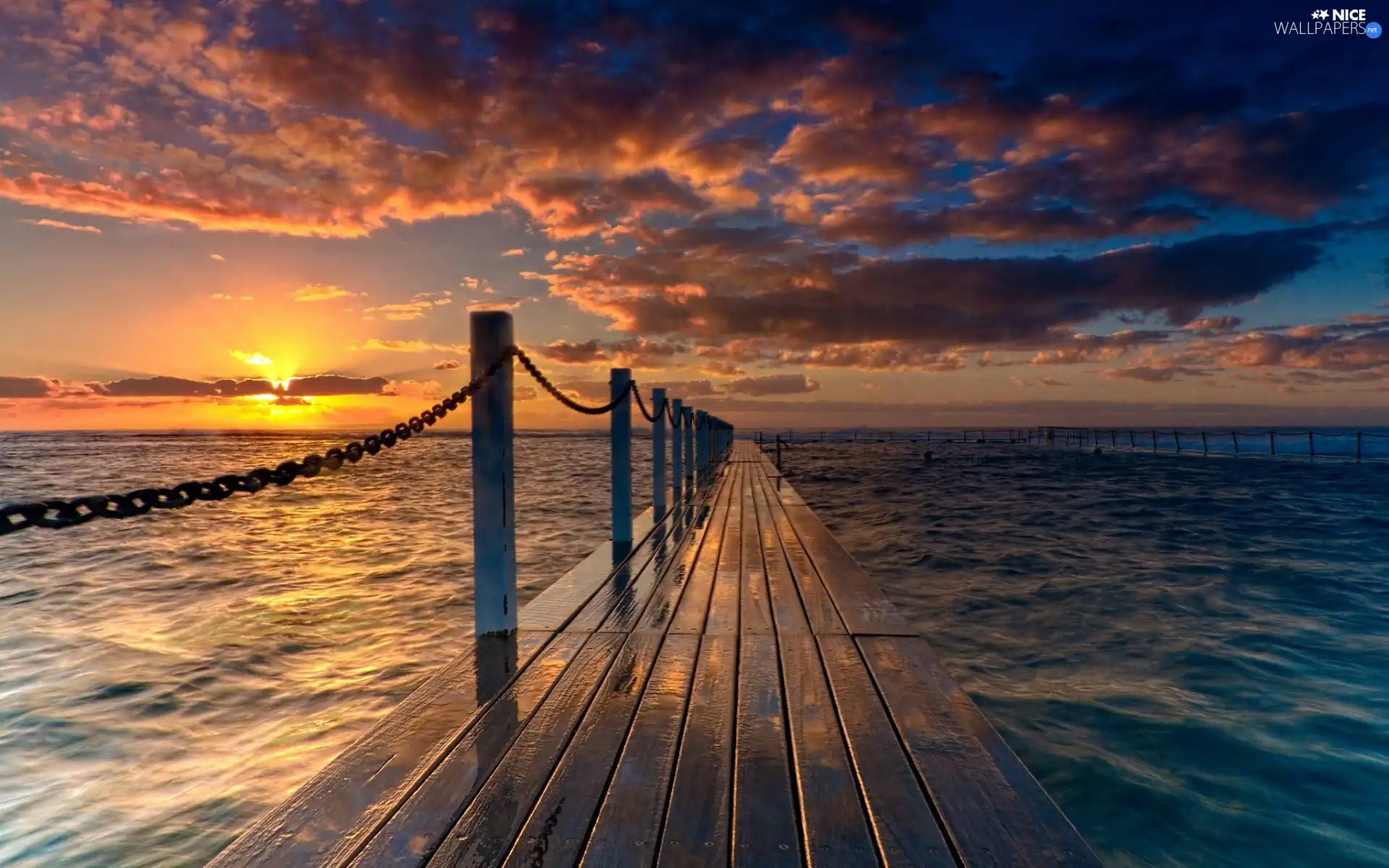 west, sun, Platform, clouds, sea