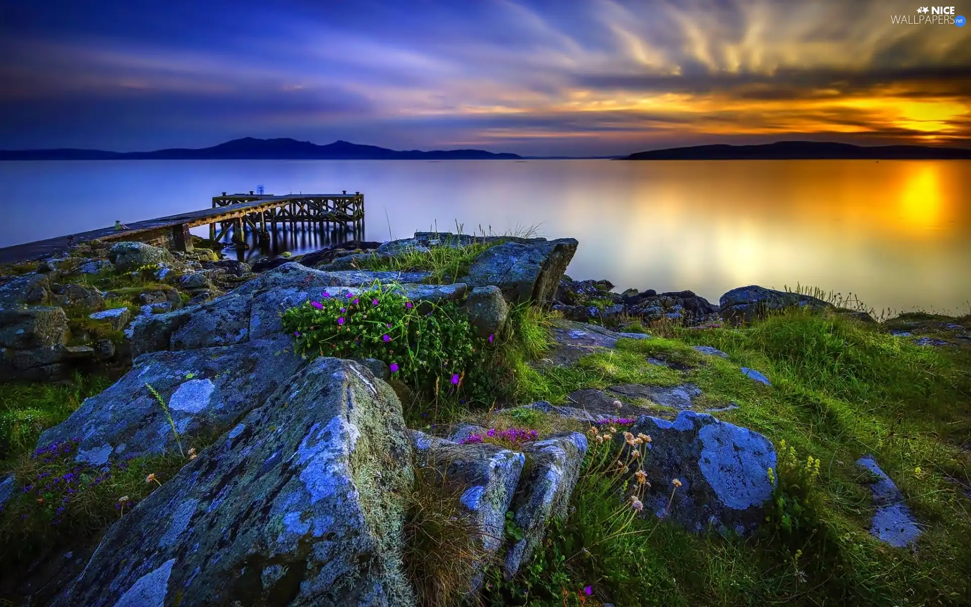 west, sun, rocks, Platform, sea