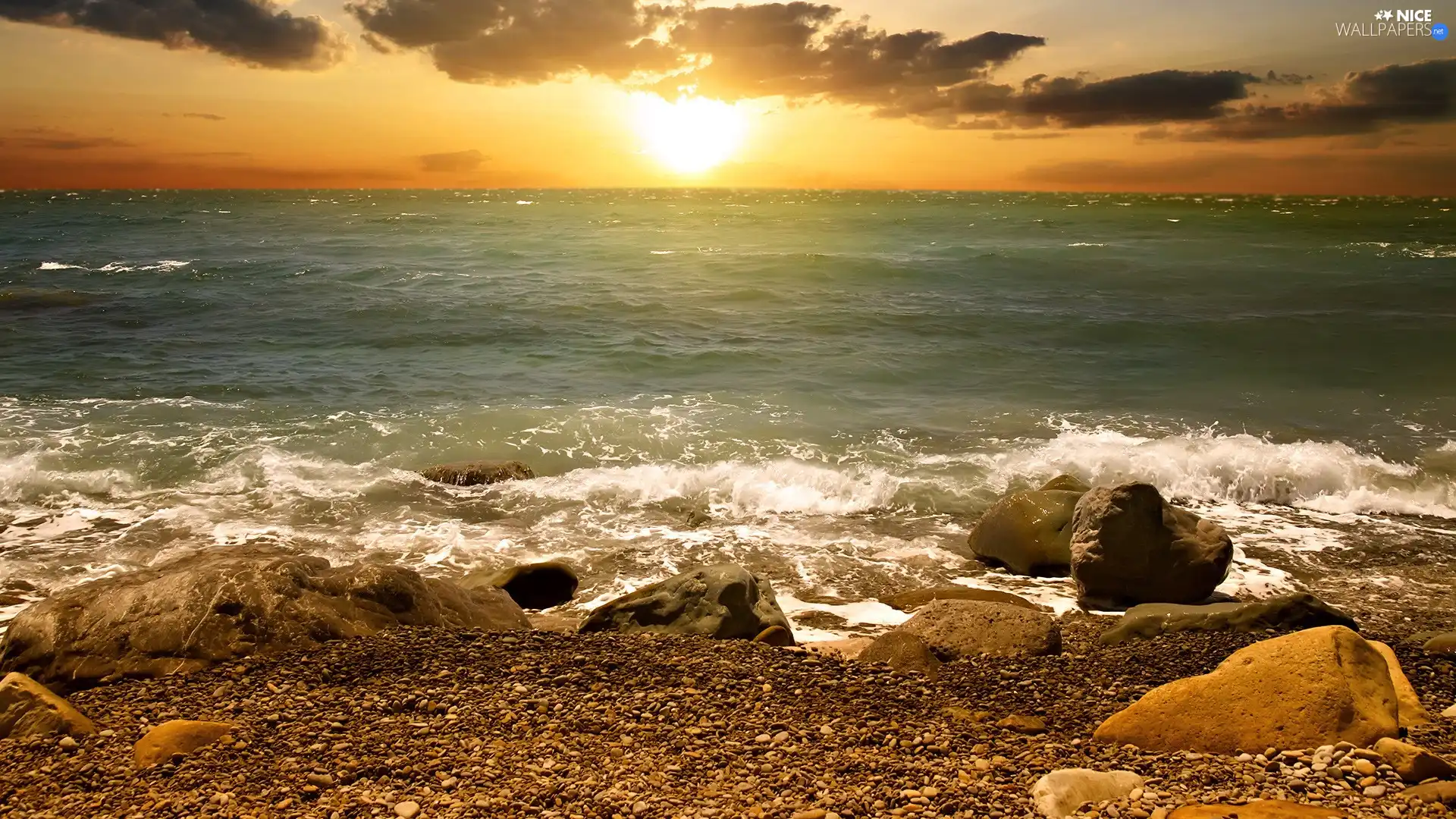 west, sun, Waves, rocks, sea