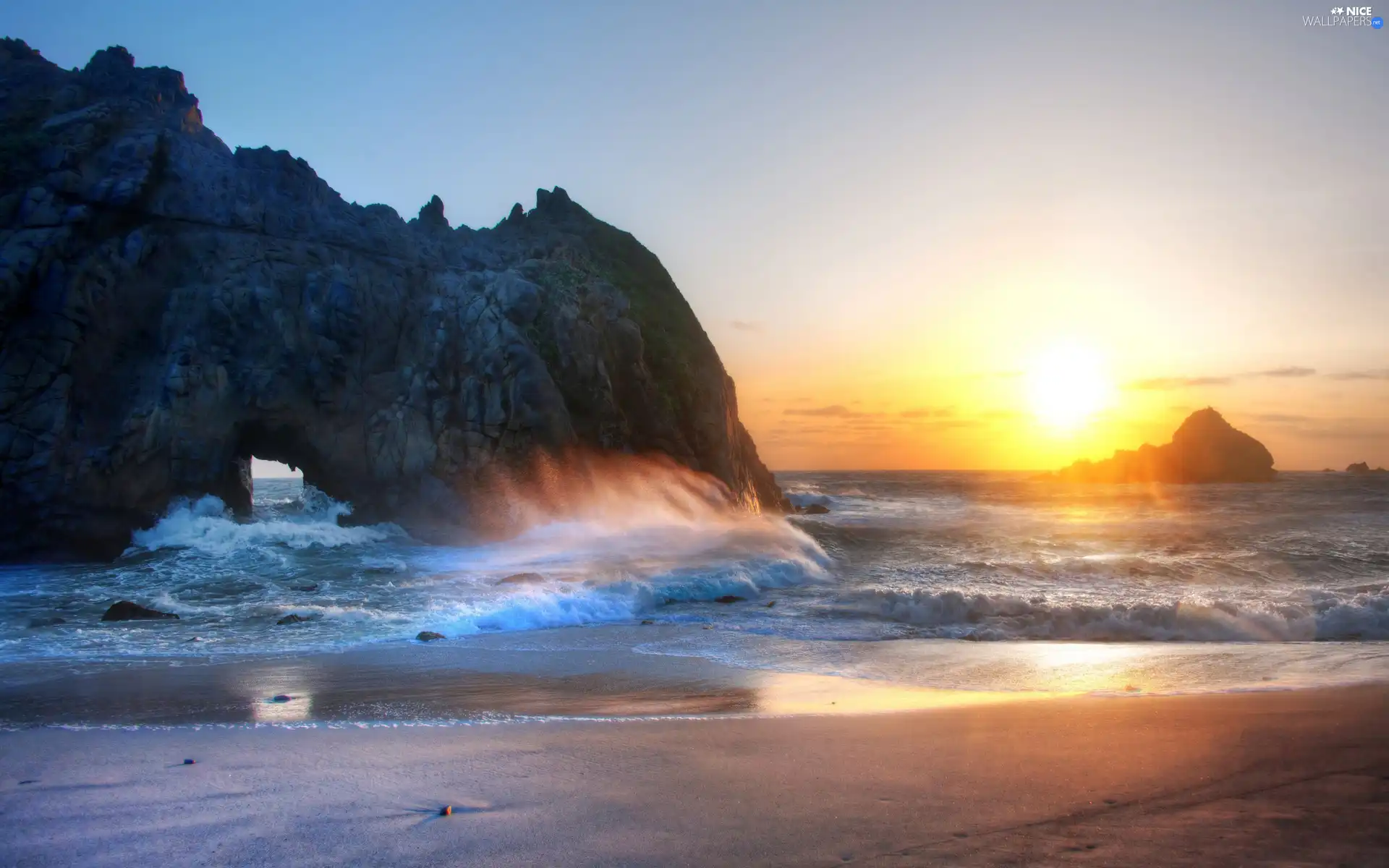 west, sun, Waves, rocks, sea