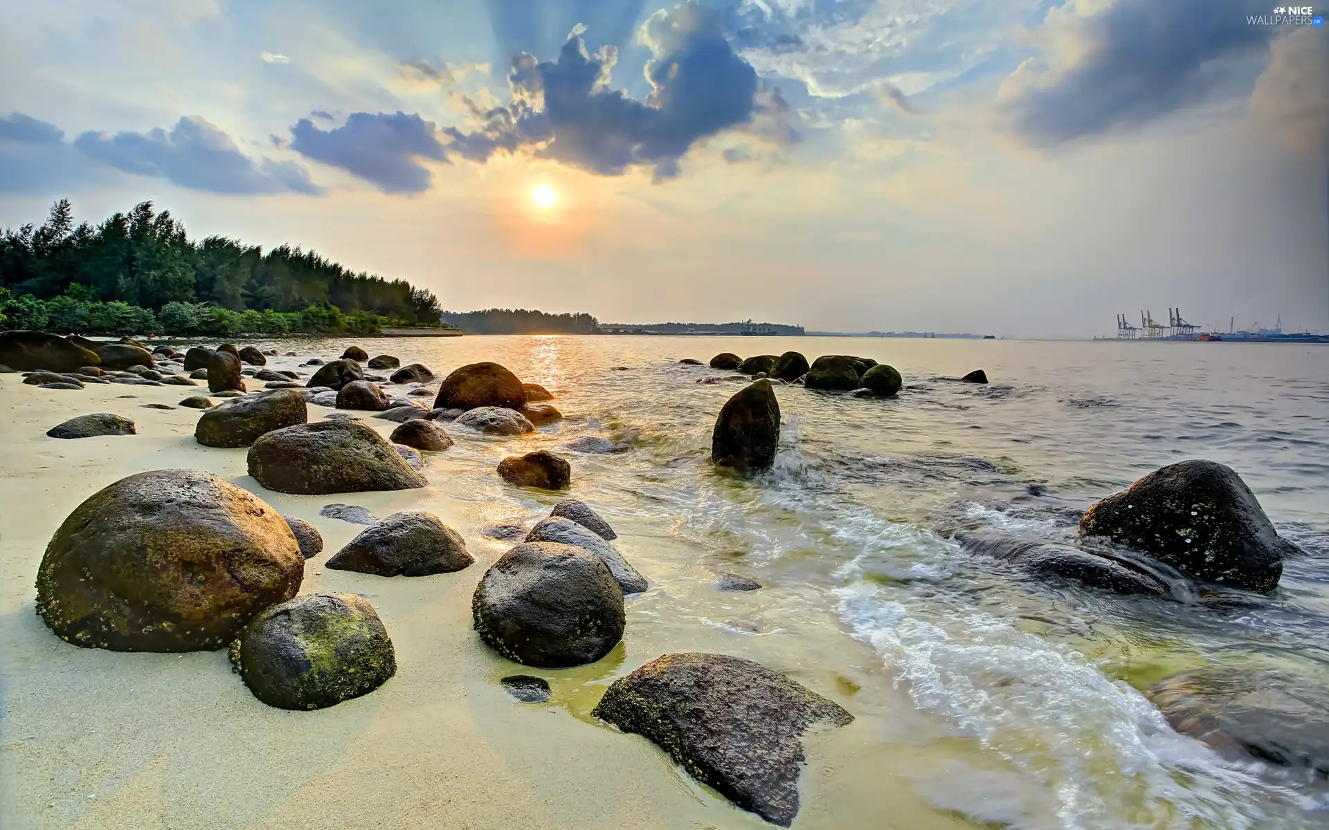 west, sun, coast, Stones, sea