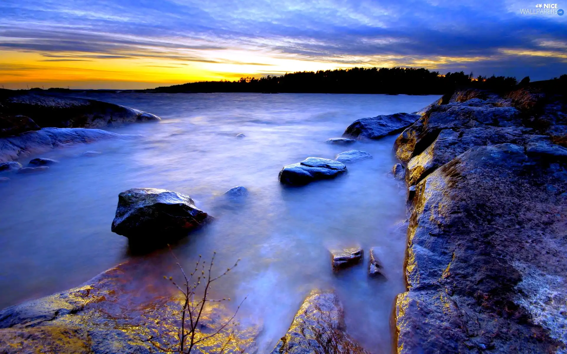 west, sun, coast, Stones, sea