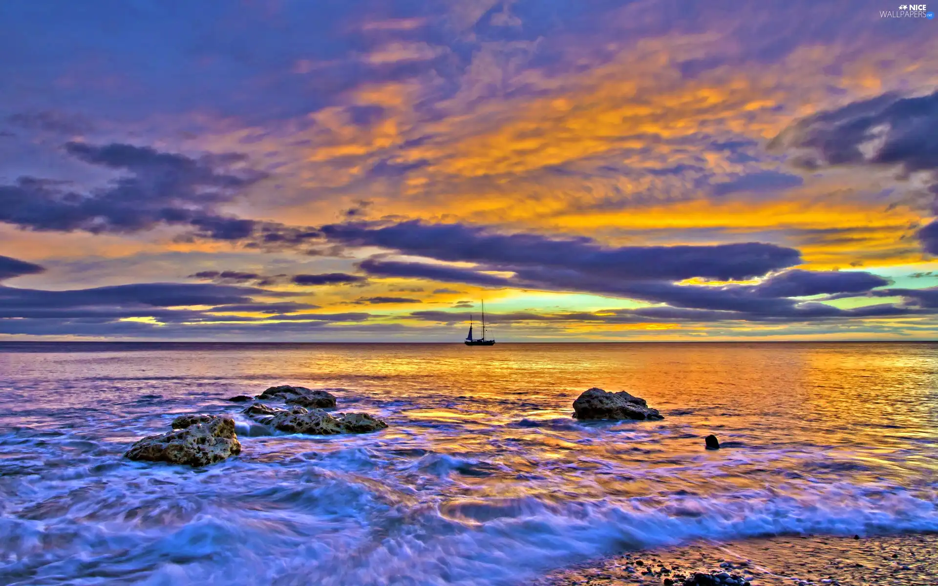 west, sun, coast, Stones, sea