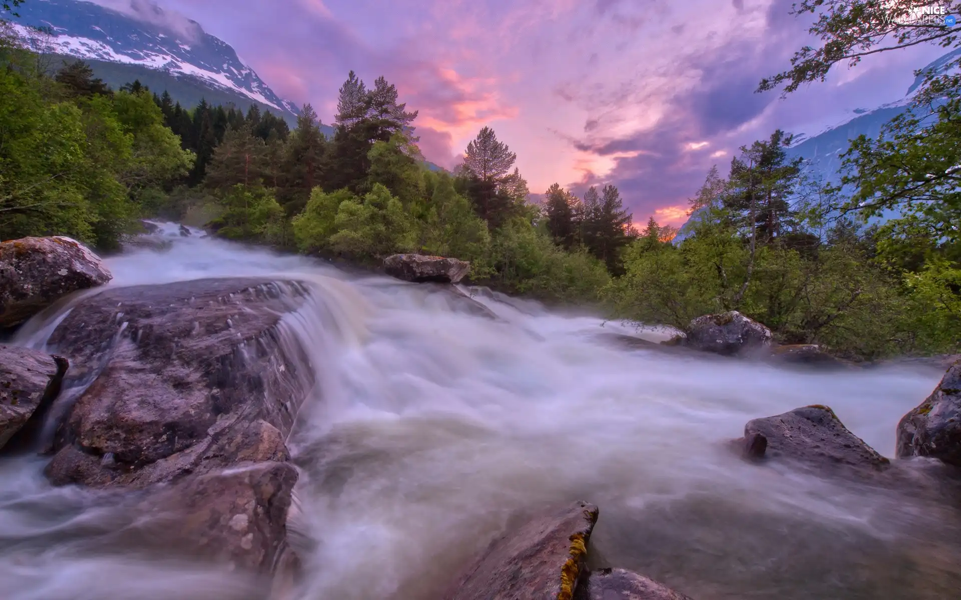 west, sun, rocks, Mountains, waterfall