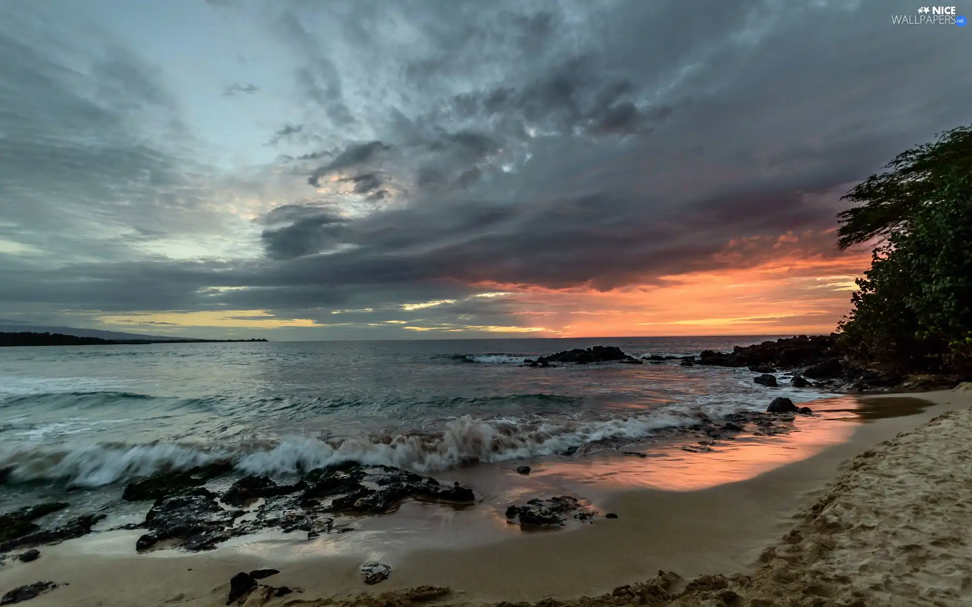 Stones, Coast, west, sun, Waves, Beaches