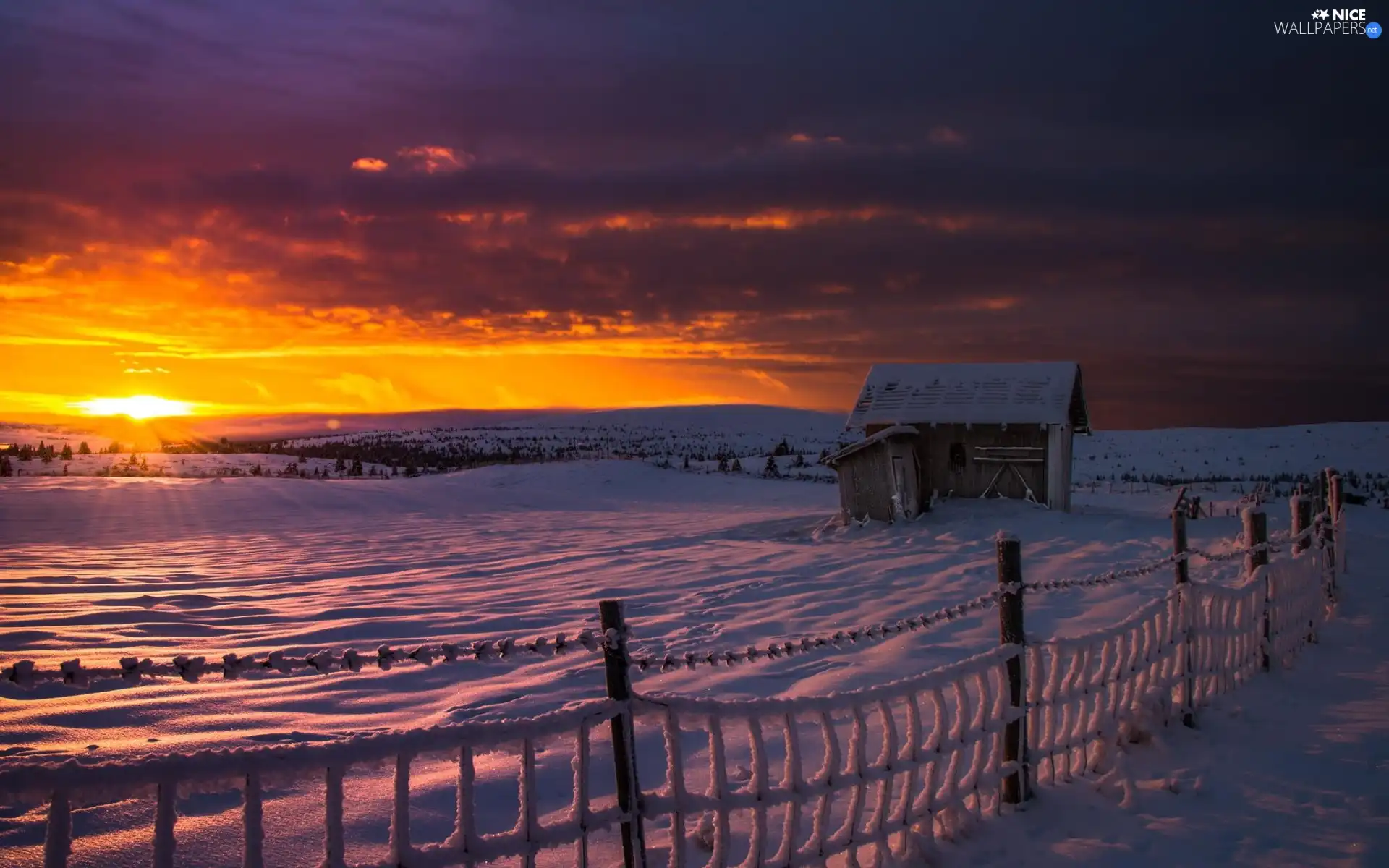 clouds, cote, sun, fence, field, west, winter