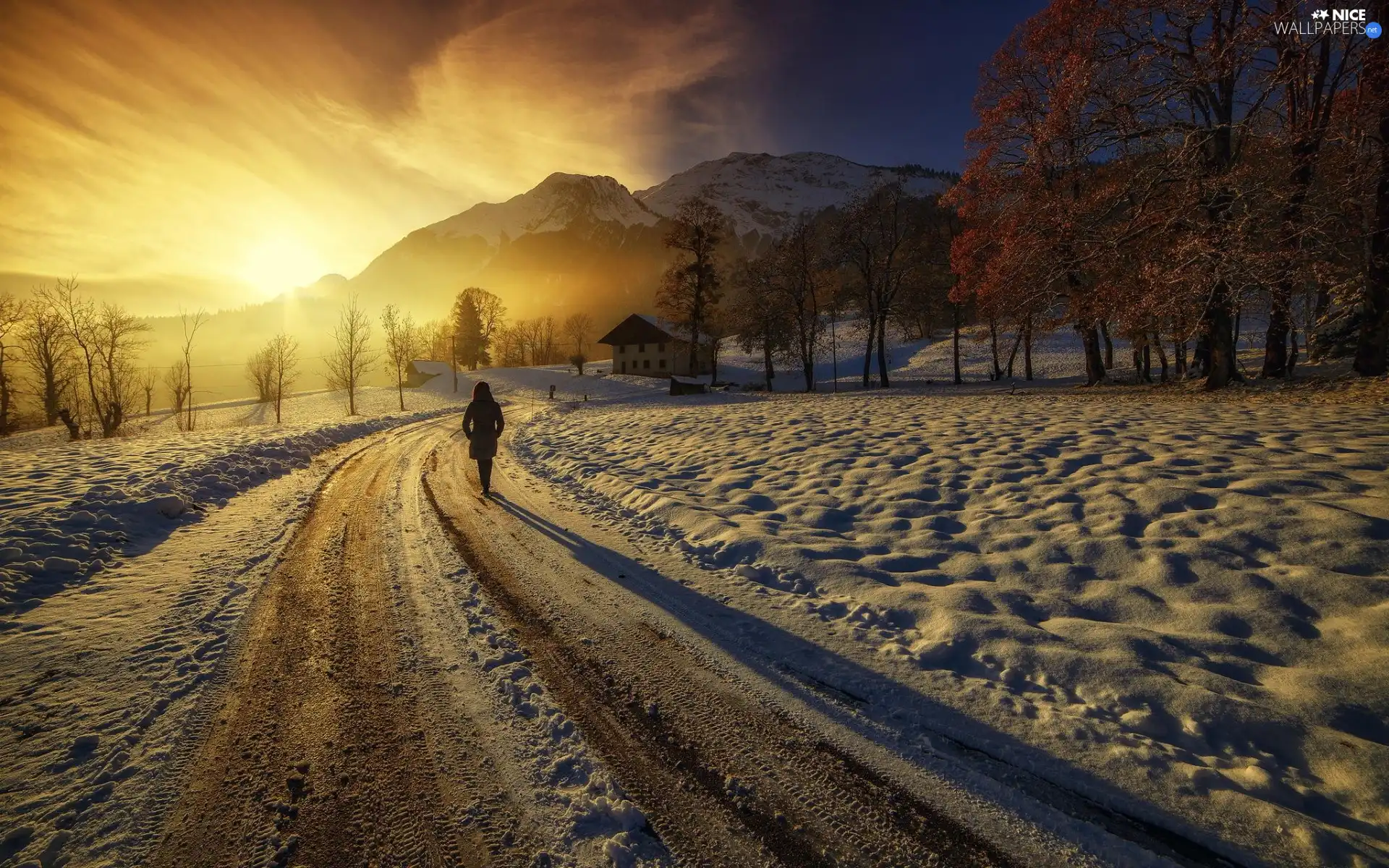 Mountains, Women, sun, house, Way, west, winter