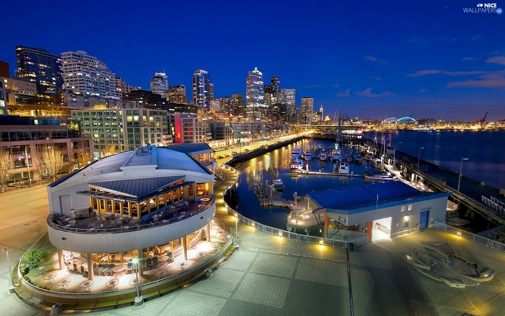 Marina, Seattle, wharf, Restaurant, Yachts, night