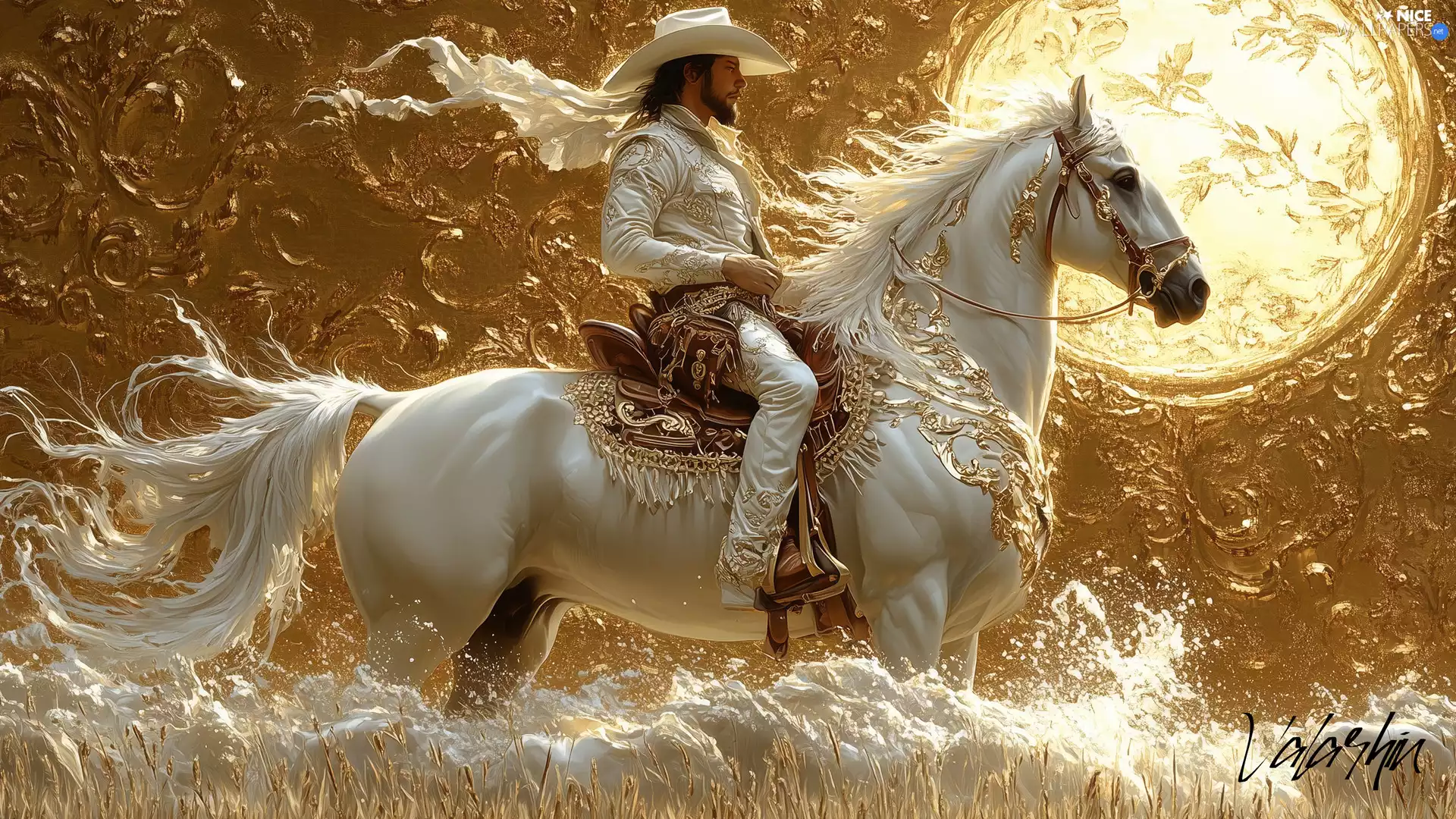 White, Horse, hair, a man, Hat, Ai, graphics, rider