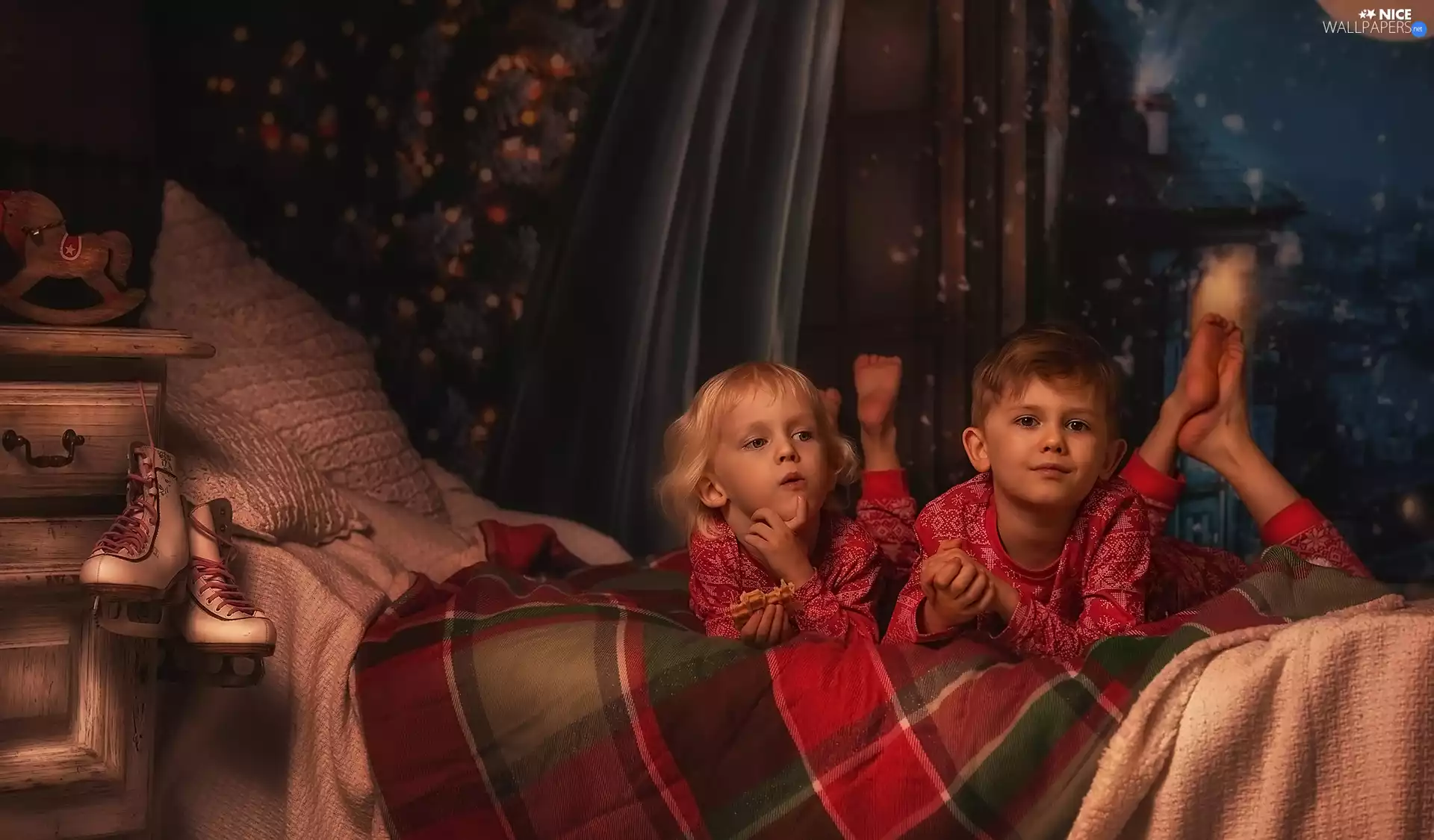 coverlet, Skates, girl, White Bed, boy