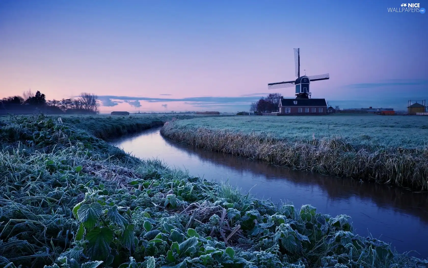 field, Windmill, White frost, River