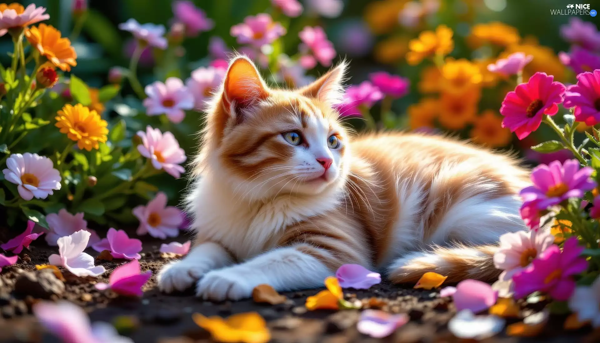 Flowers, cat, Red-white