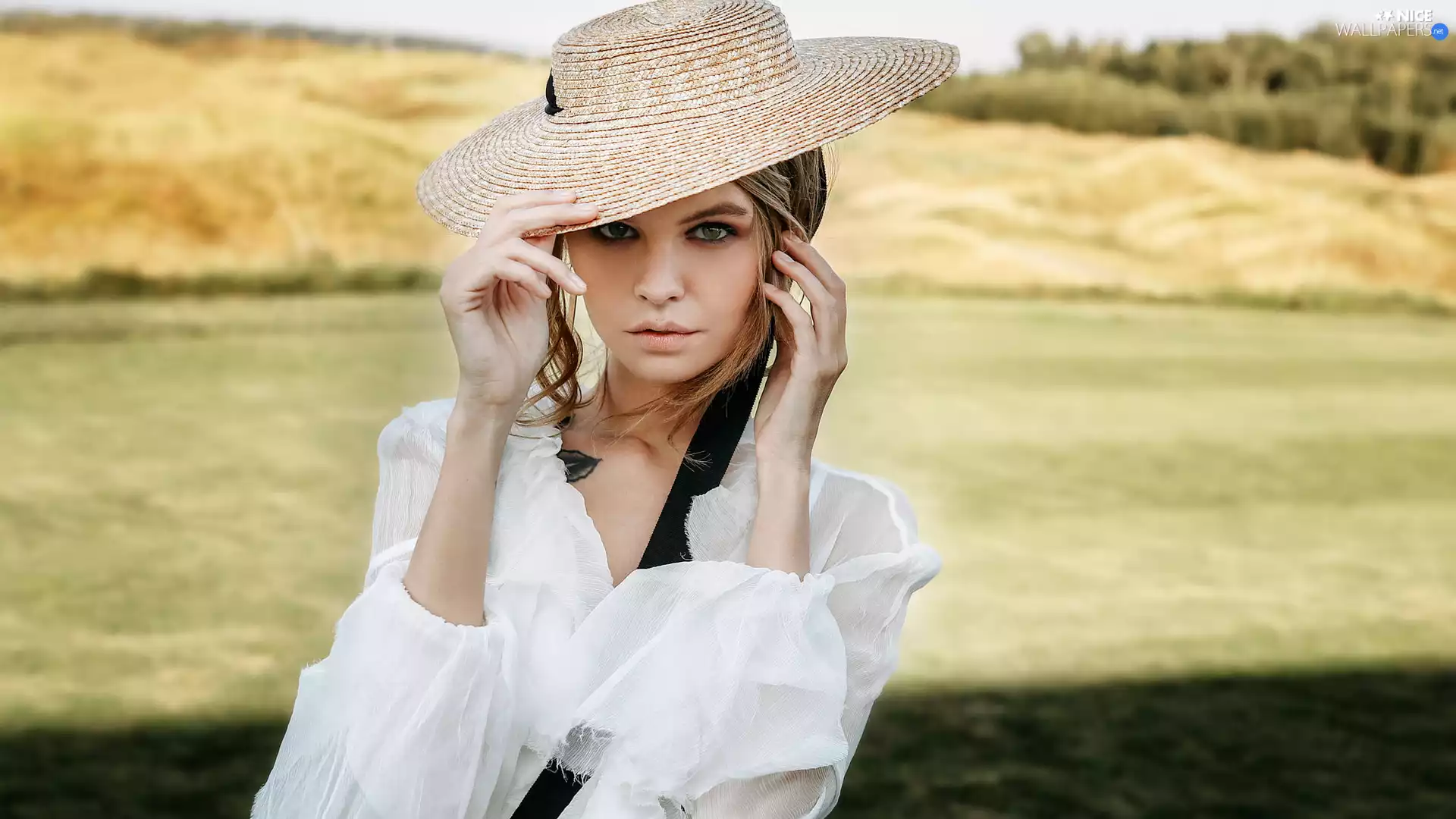 girl, Blouse, Hat, White