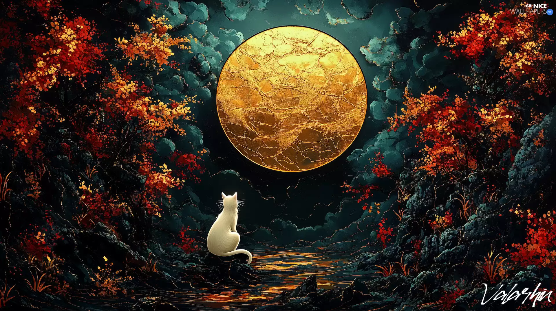 White, graphics, cat, Night, viewes, Plants, moon, trees, forest