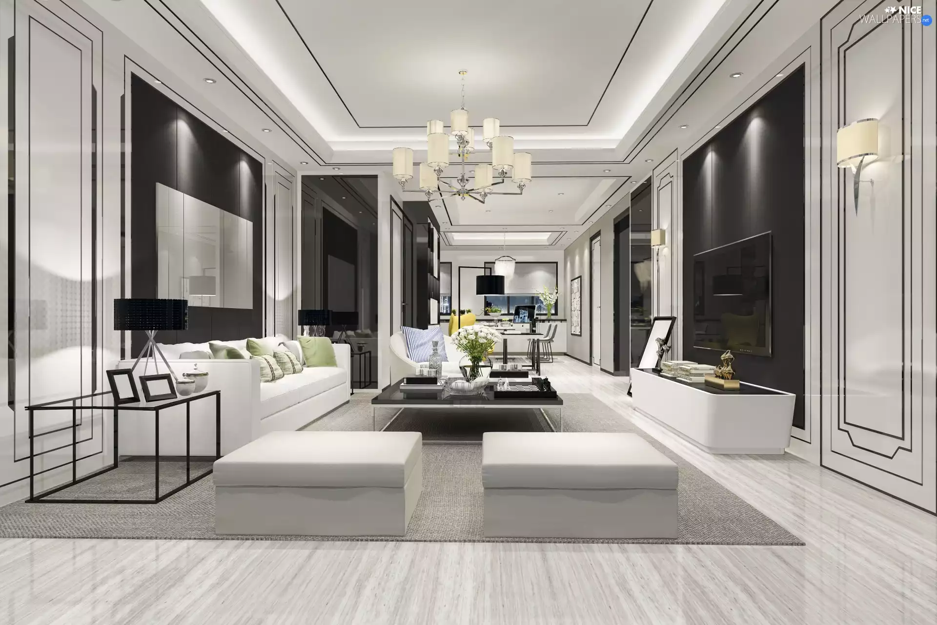 Spacious, black and white, decor, saloon