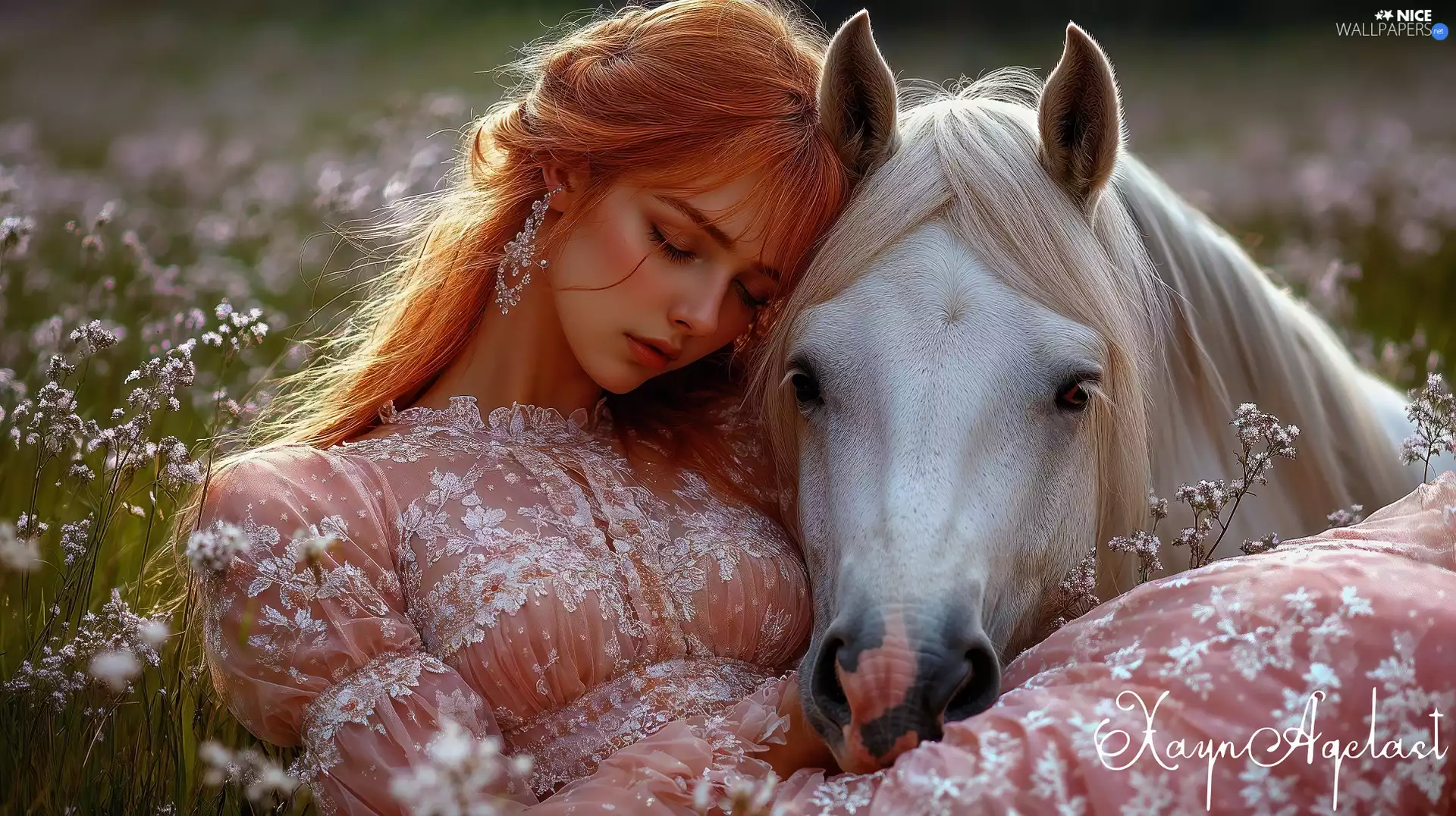 Women, the sleeping, White, Horse, Meadow, redhead