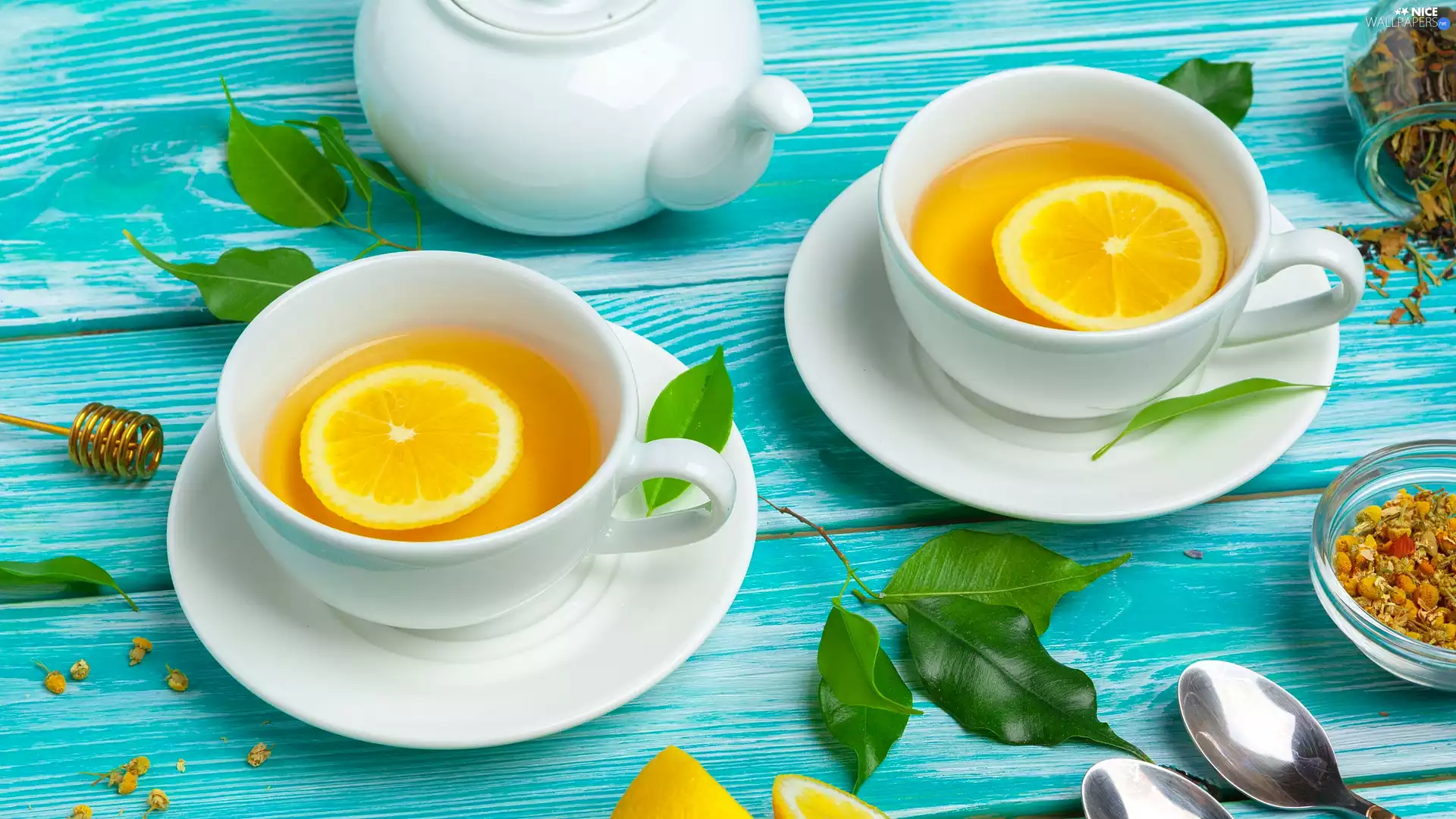 White, Two, cups, tea, Blue, boarding, teapot, Leaf, Lemon