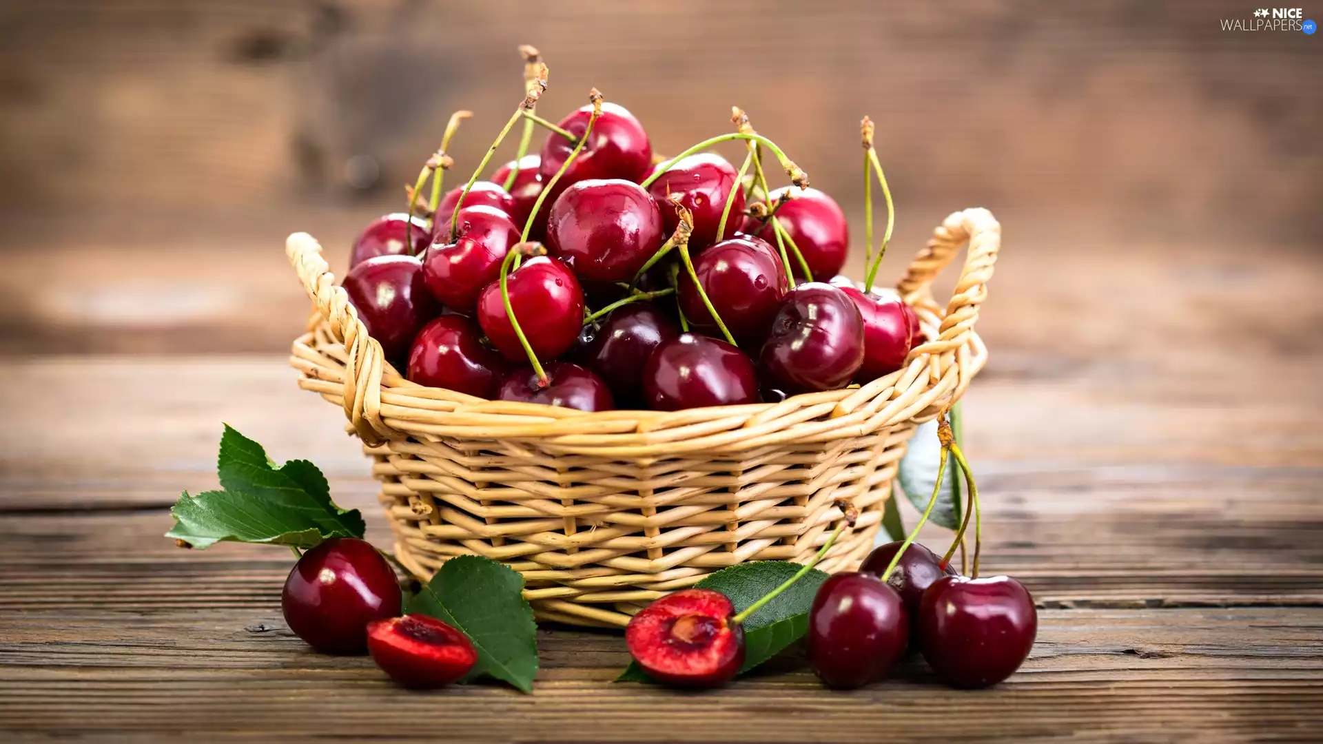 cherries, basket, leaves, wicker