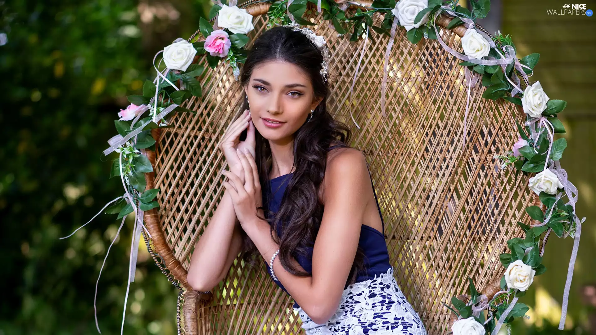 Women, Armchair, Flowers, wicker