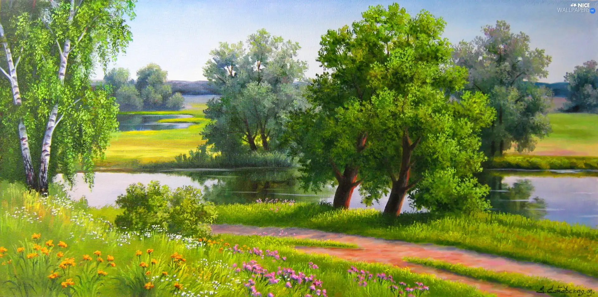 viewes, Way, Wildflowers, Flowers, River, trees