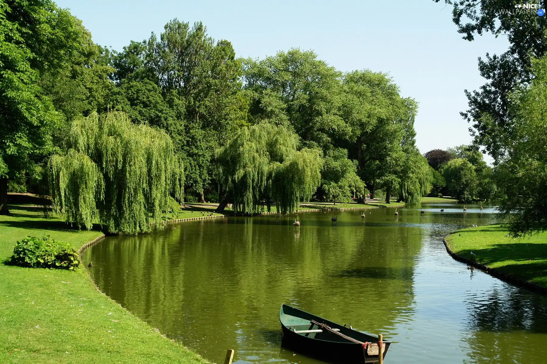willow, Boat, trees, viewes, River