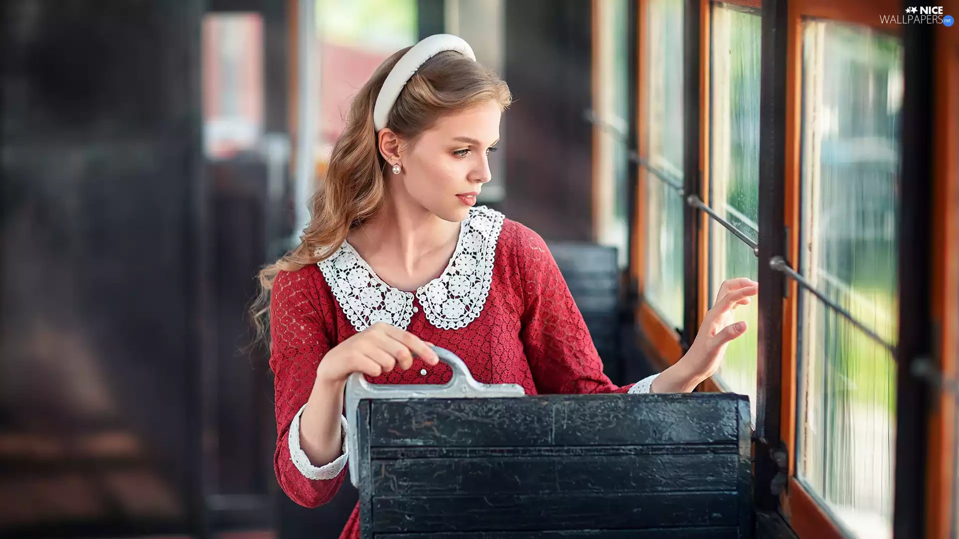 dress, Blonde, collar, red hot, Women, White, Window