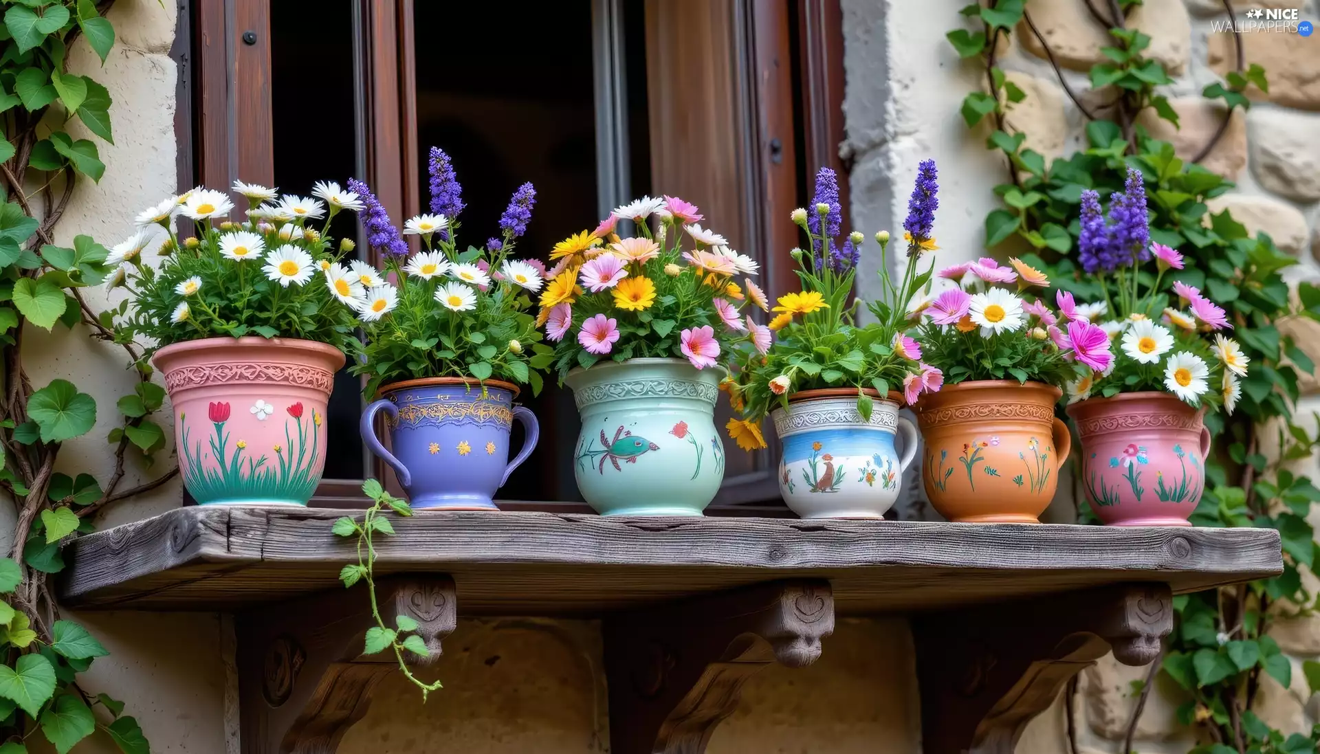 parapet, Window, color, Pots, Flowers